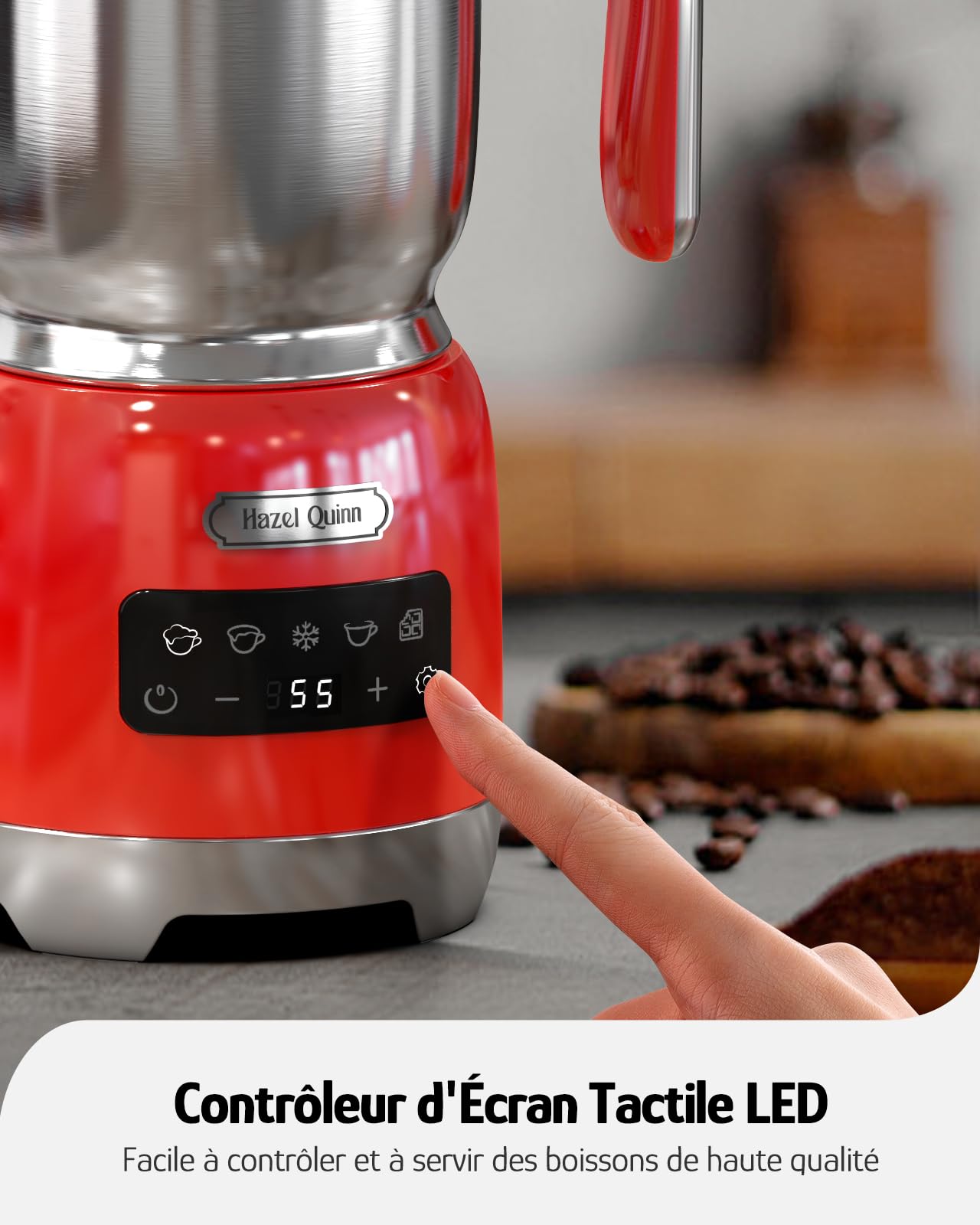 Hazel Quinn Mousseur à Lait Électrique en Acier Inoxydable, Multifonctionnel 5 en 1, Chauffe Lait Électrique, Machine à Chocolat Chaud, Contrôle Tactile LED, pour le Cappuccino, 400 ML, Rouge Rubis