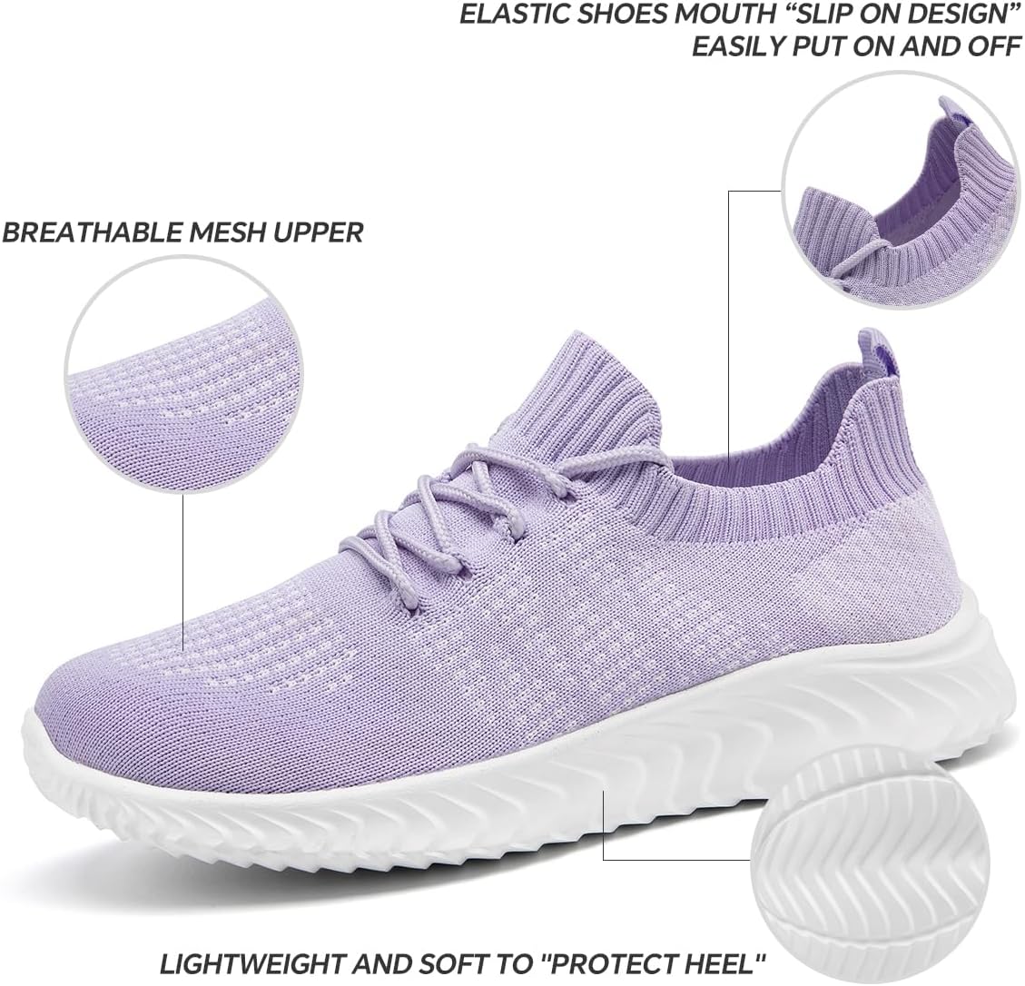 Womens Walking Shoes Breathable Running Sneakers for Women Slip On Tennis Shoes Lightweight Casual Sport Sneakers Gym Workout Outdoor Travel Light_Purple Size US 9