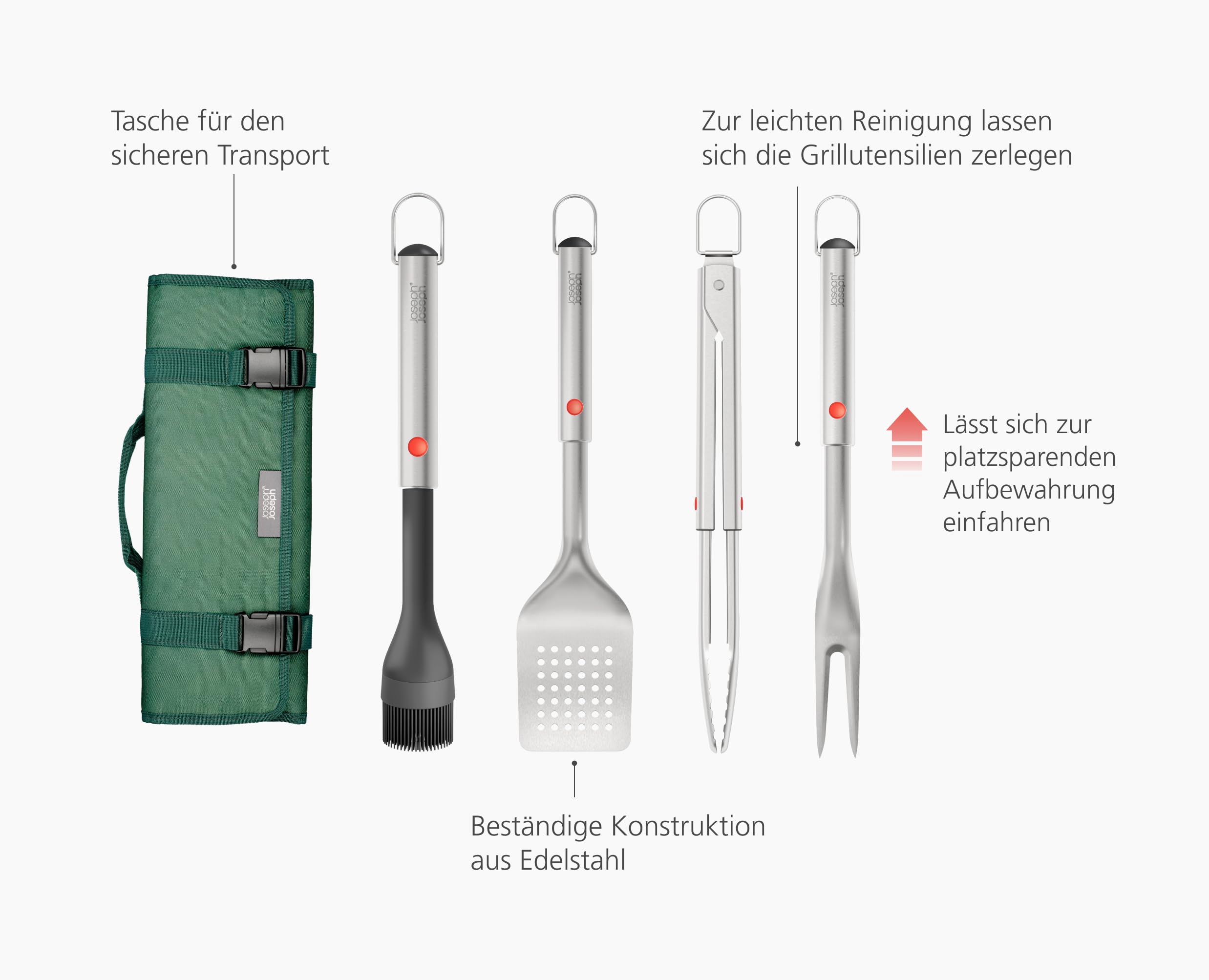 Joseph Joseph GrillOut 4-teiliges Edelstahl BBQ-Utensilien-Set mit Aufbewahrungsetui, Bürste, Zange, Wender & Gabel, Teleskopgriff, Aufhängeschlaufen