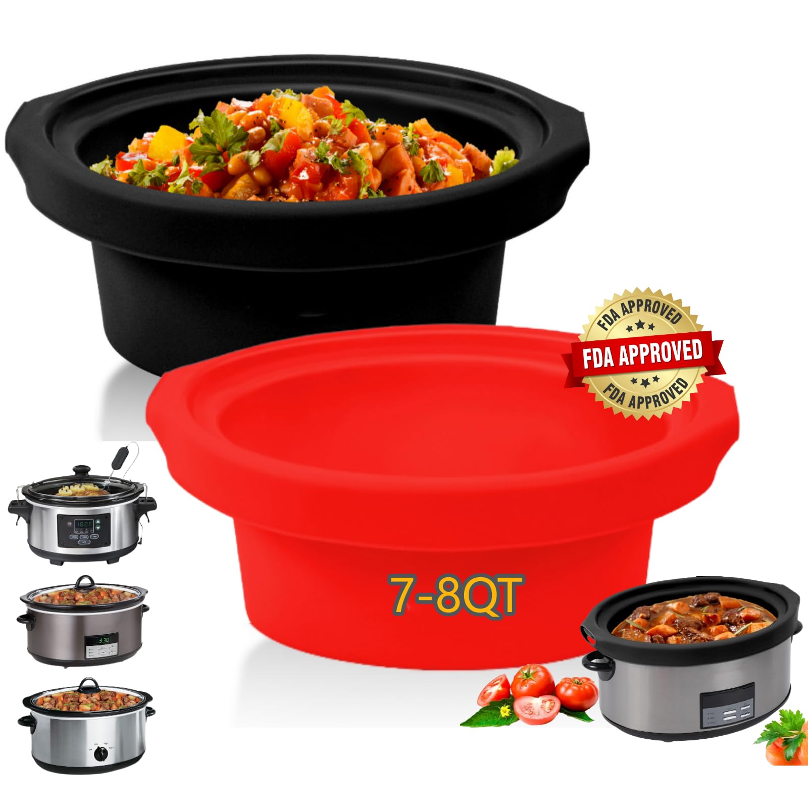 2PCS Slow Cooker Liners fit Crock Pot 7-8 QT,Crock Pot Liners For 7-8 Quart Oval or Round Slow Cookers,100% Silicone Reusable Crock Pot Insert (Red/Black)