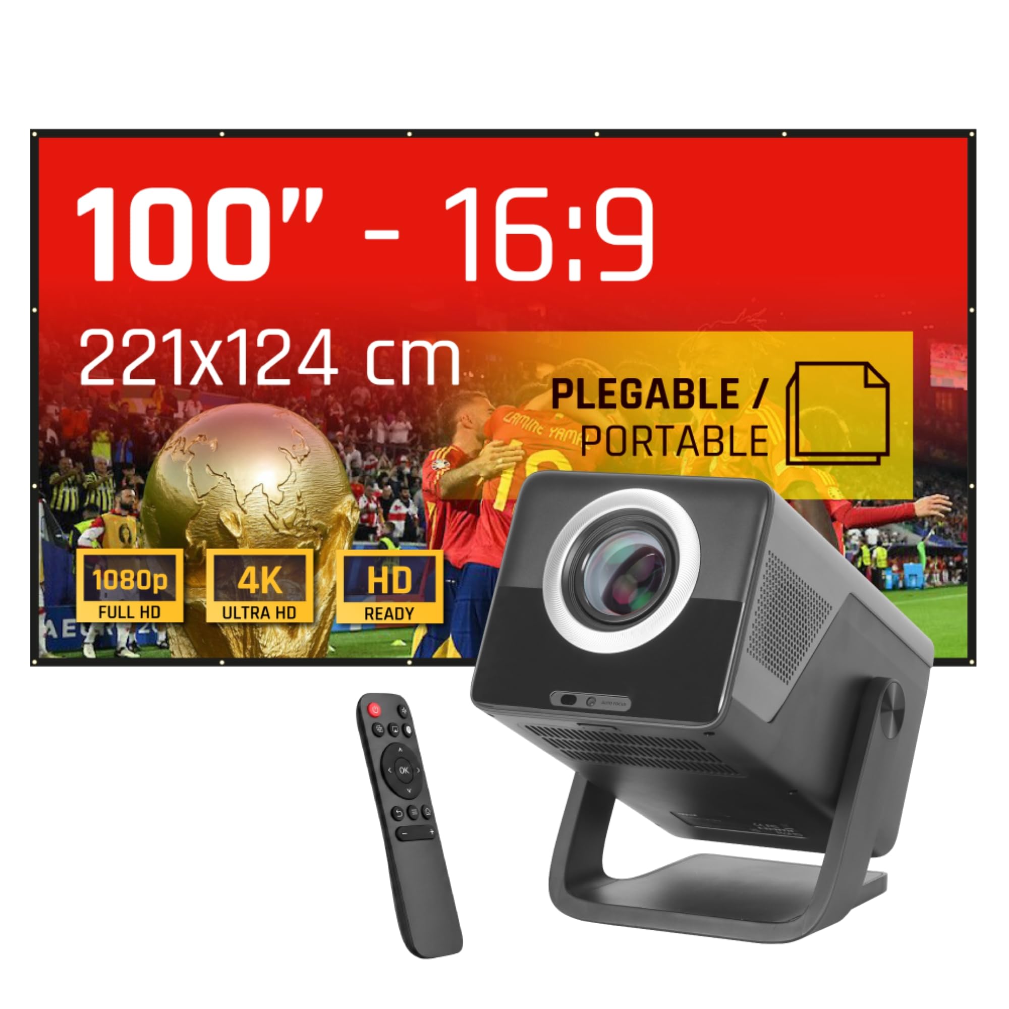 iggual - Pack Proyector Portátil Full HD 1080 p, (Android 14, WiFi, Bluetooth, HDMI) + Pantalla Proyección 100" Pulgadas, (Tela Plegable, Antiarrugas), Usos: Cine en Casa, Streaming, Gaming,