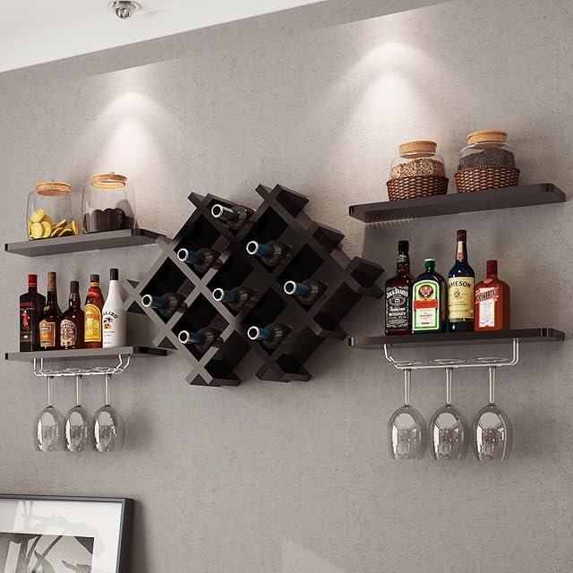 CASART Wall-Mounted Wine Rack, Champagne Glass Storage Unit with 4 Shelves, 7 Bottles Rack & Glass Holder, Floating Display Shelf Bottle Holder for Kitchen Bar Accessories (Black)