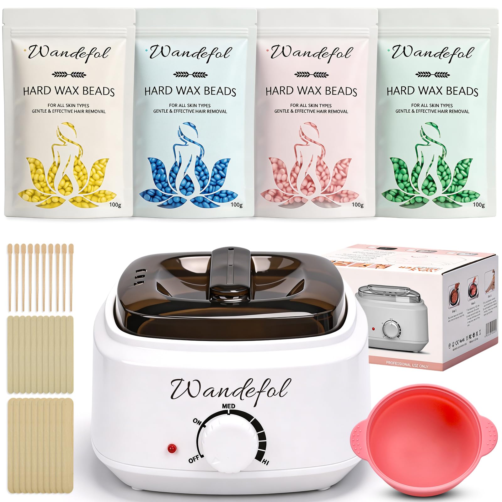 Wandefol Set Professionell Wachsgerät mit Temperaturregelung, Wax Warmer für Damen & Herren, Enthaarung mit Hard Wax Beans & Heißwachsperlen, Warmwachsgerät für Körper, Gesicht & Intimbereich
