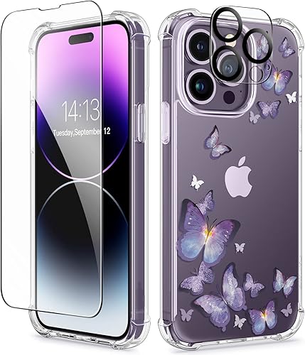 GVIEWIN Funda para iPhone 14 Pro con protector de pantalla y protector de lente de cámara, diseño floral, delgado, a prueba de golpes, de