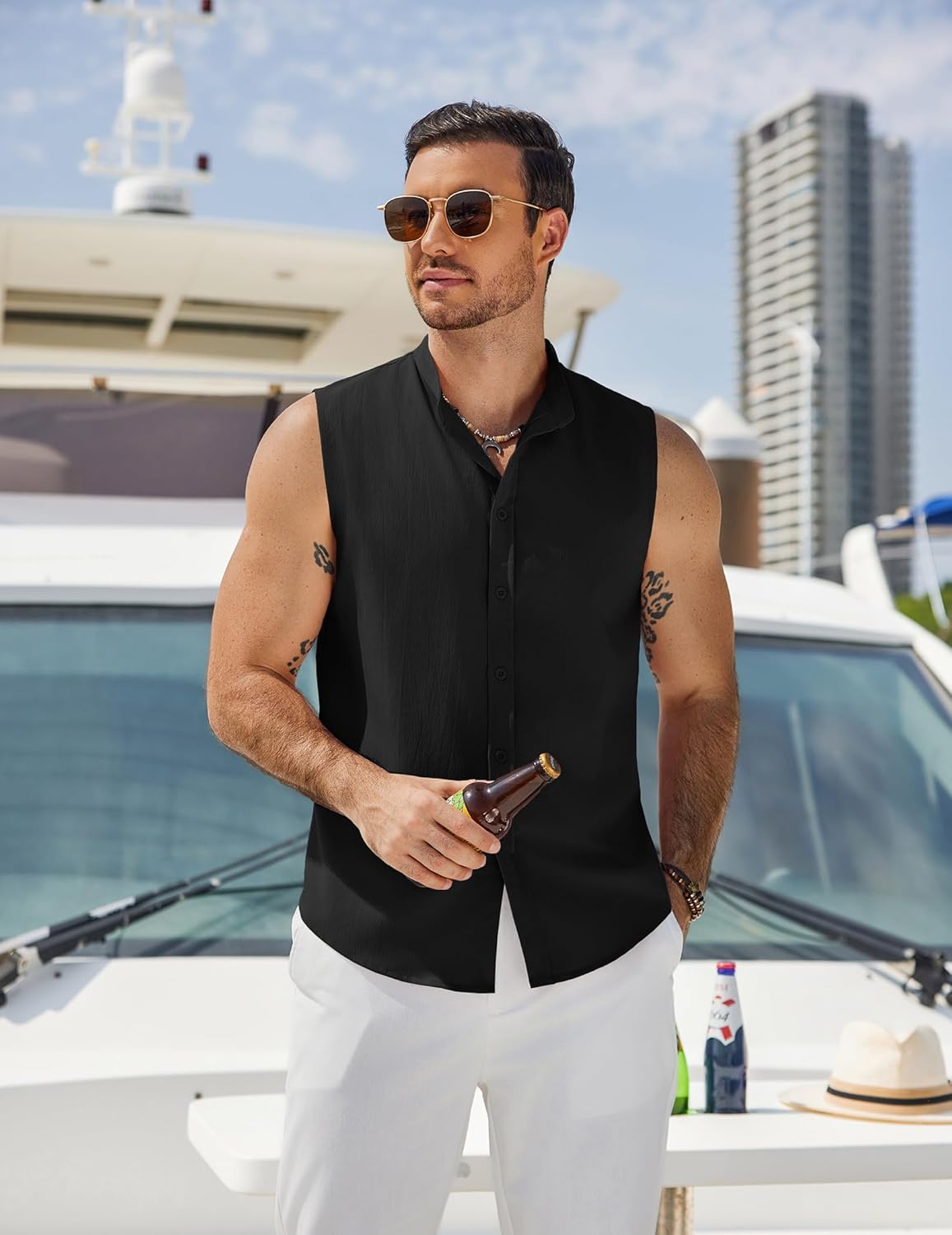 COOFANDY Men's Summer Beach Tank Tops Sleeveless Button Up Shirt Casual Textured Tank Shirts - Image 3