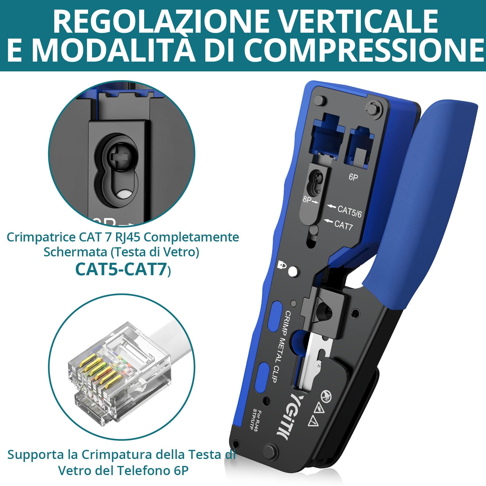 YGiTK Pinza Crimpatrice RJ45 di Rete Ethernet,Kit Multifunzione Strumento Crimpatura Spelafili per Cavi di Rete CAT5/CAT6/CAT6A/CAT7-con Taglierina per Cavi 50 Connettori RJ45 Cat6, 50 Guaine