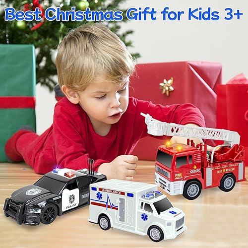 Miniatura 7 de Camión de bomberos, ambulancia, helicóptero y vehículos de policía, juego de juguetes de 4 unidades de vehículos de fricción con luces y sonidos,