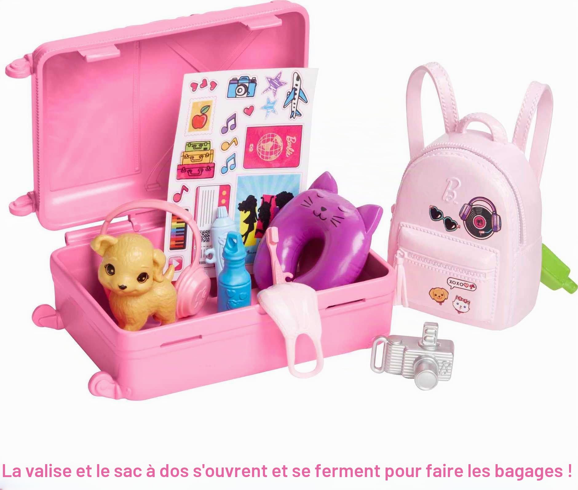 Barbie Coffret Voyage Malibu, Poupée de Voyage avec Plus de 10 Accessoires, Inclus Un Chiot, Une Valise Rose, Un Sac À Dos Et Une Feuille D'Autocollants, Jouet pour Enfant de 3 Ans et Plus, HJY18