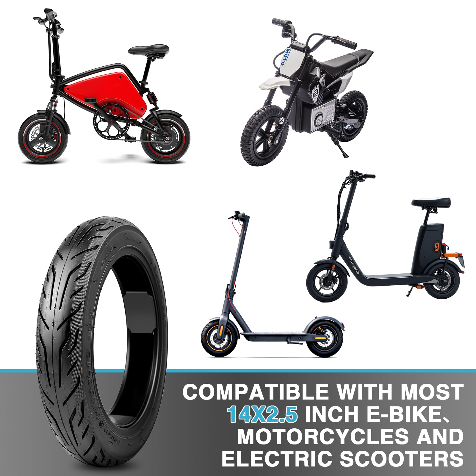 MEGHNA Pneu sans chambre à air Solid Tires (14 x 2,50) pour vélo électrique - Pneu auto-cicatrisant anti-crevaison 60/100-10, 36 PSI - Gaine robuste sans chambre à air