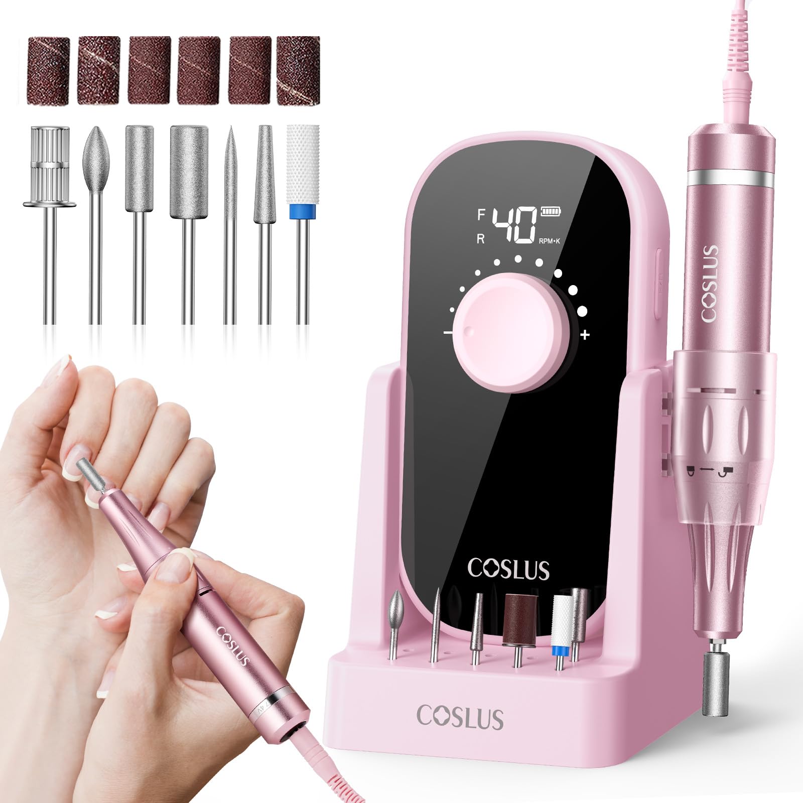 COSLUS E51 Elektrische Nagelfräser 40000 U/min: 6-in-1 Professionell Nagelpflege Set für Gelnägel Acrylnägel für Salon und Zuhause Mit Gel-Entfernung und Pediküre-Funktion Tragbar und Geräuscharm