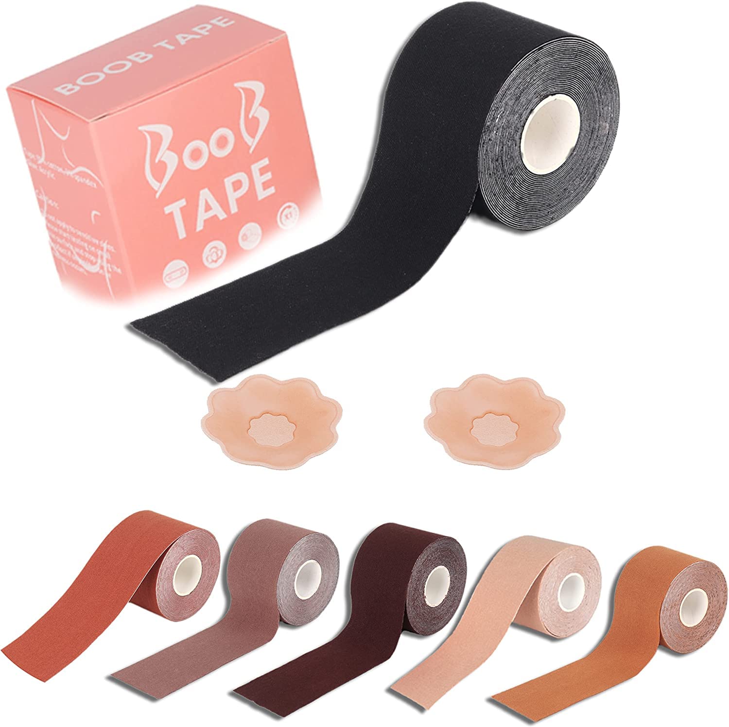 WROLY Strapless Boob Tapes - Self-Adhesive, Longer Breast Lift Tapes with 2 Nipple Covers (Black)