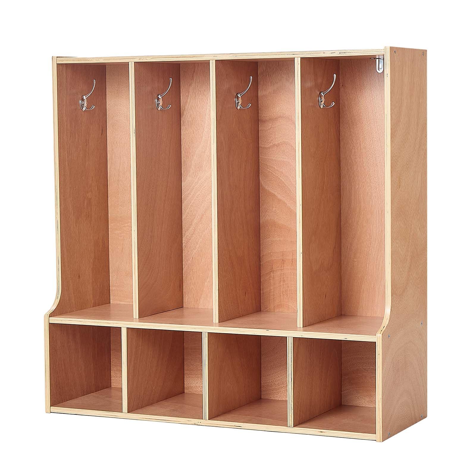 VEVOR Vestiaire 4 Enfants Ouvert, Penderie pour Enfants en Bois, Rangement pour Crèche Maternelle Garderie Maison, Meuble d'accueil Scolaire avec Casiers à Manteaux et à Chaussures, 8 Crochets