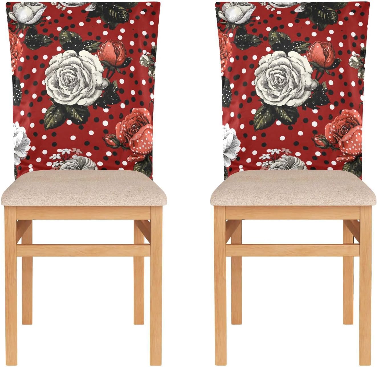 ALAZA Retro Roses Polka Dots Chair Back Cover Set of 6, Washable Reusable Removable Chair Slipcovers Decorative Chair Cover for Home Kitchen Wedding Party