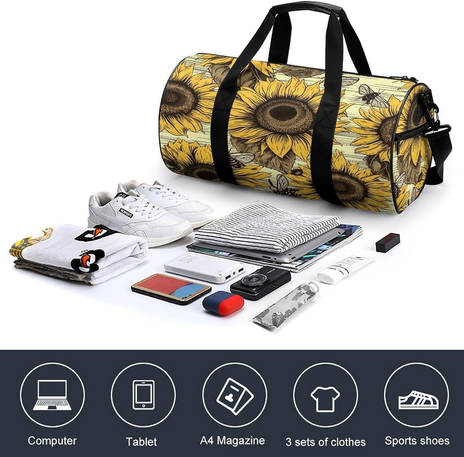 Bees Sunflower Gym Bag Duffle Bags Weekender Overnight Bag image 4