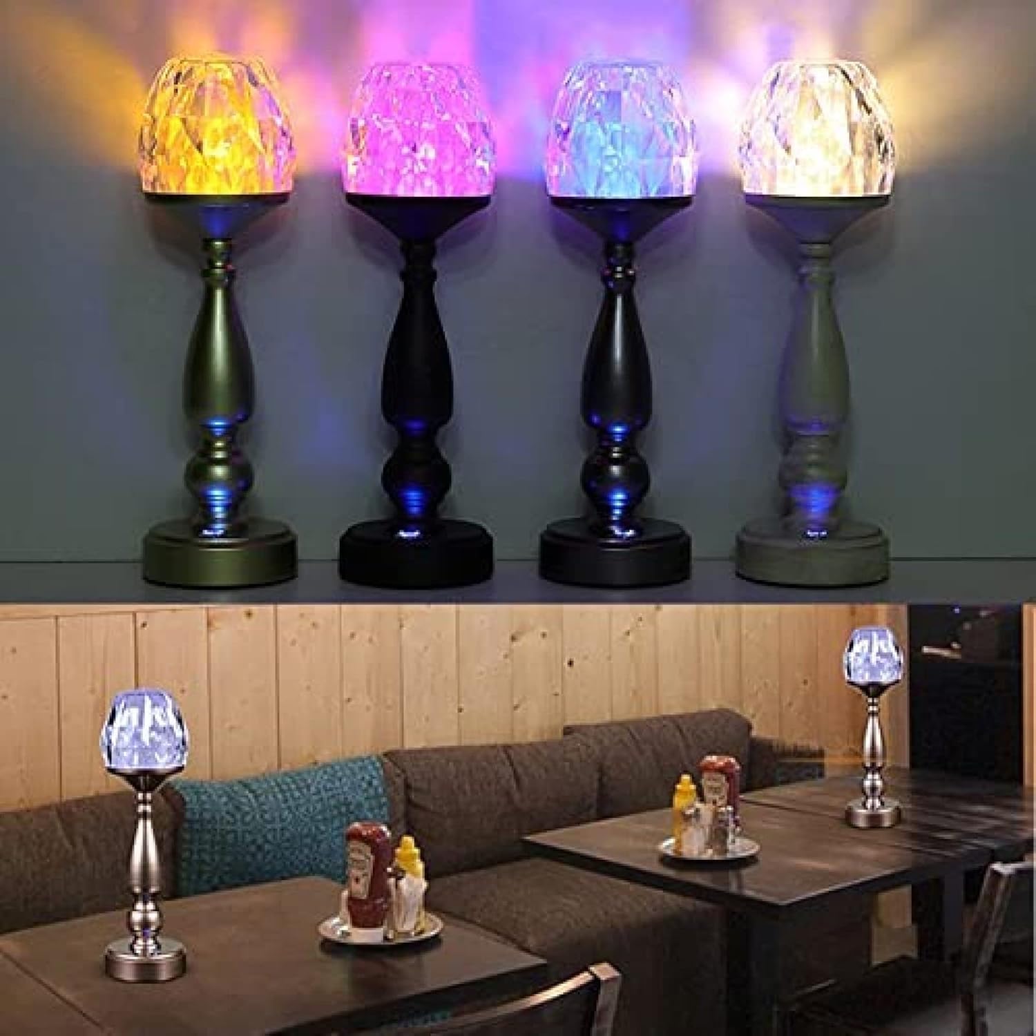 Wireless Dining Table Lamp Retro Rechargeable Decorative Desk Lamp Portable LED Bar Table Lights for Living Room Vintage, Crystal Table Lamps for Bedroom with Touch Switch, 3 Modes