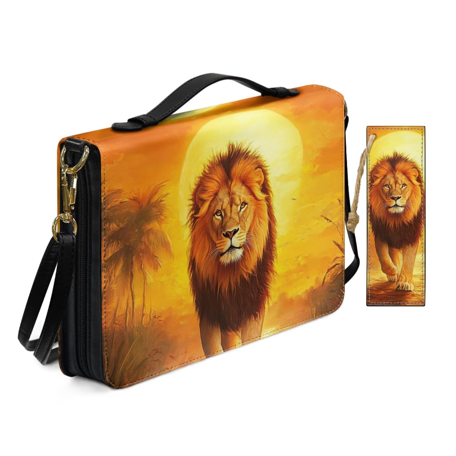 PU Leather Bible Cover Case for Women Ladies Worship Church Bag with Bookmark Oil Painting Style Sunset Lion Bible Covers with Shoulder Strap Book Case Orange
