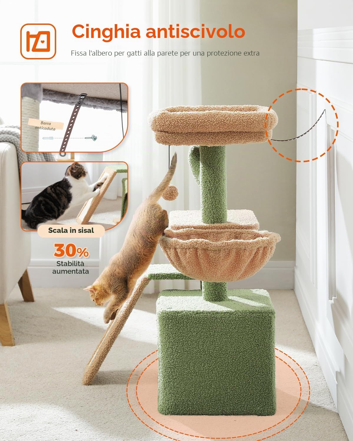 PAWZ Road Albero per Gatti a Forma di Cactus - Con Tappetino Tiragraffi, Amaca, Condominio e Cestino - Torre per Interni, 80 cm, Verde