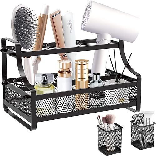 Soporte para secador de pelo montado en la pared, organizador de herramientas calientes de metal, 2 tazas, soporte para secadora de pelo para