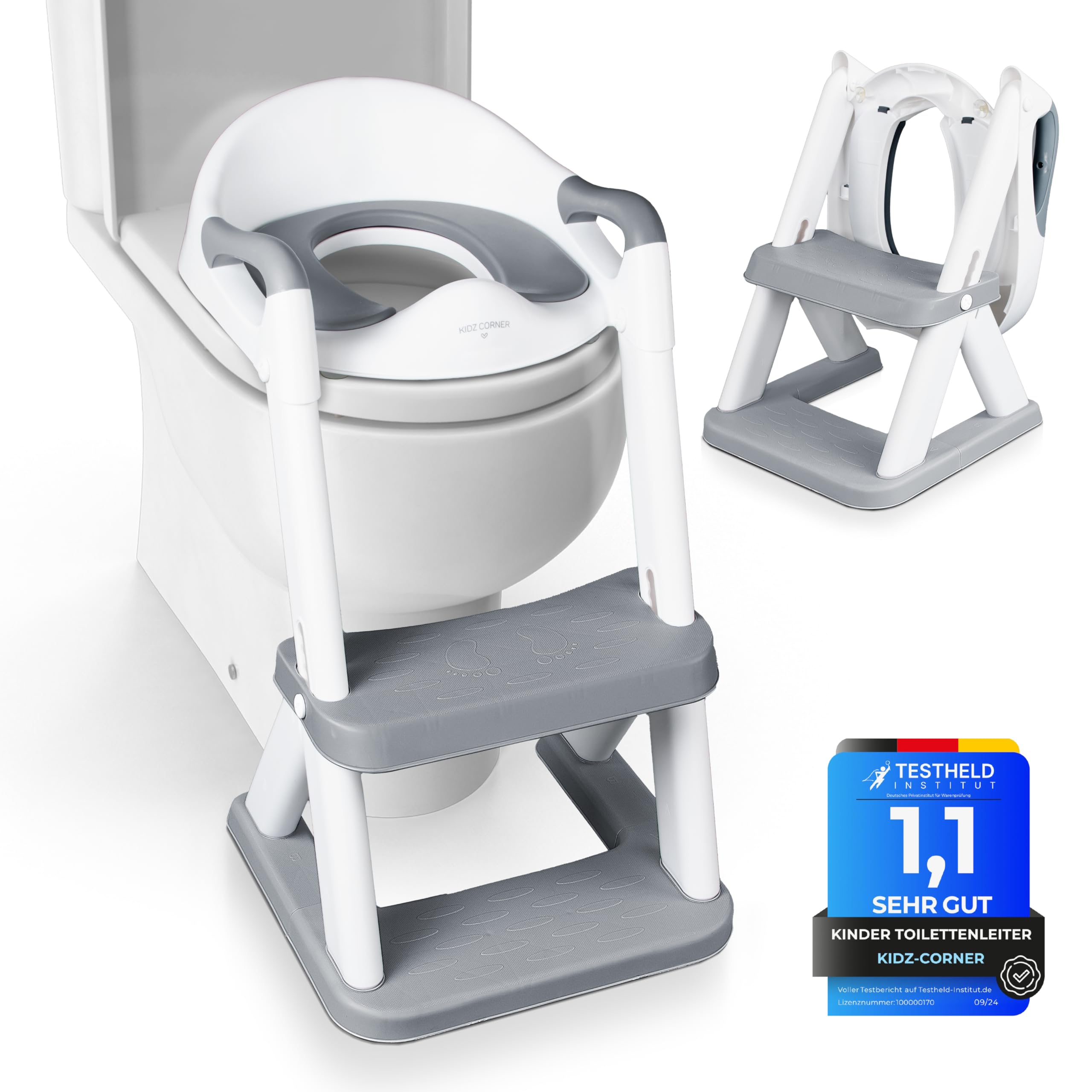 KidzCorner Kinder Toilettensitz mit Treppe, höhenverstellbare Toilettenleiter klappbar auch als Tritthocker verwendbar. WC Sitz fürs Töpfchen Training.