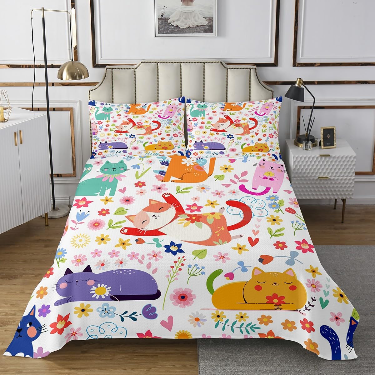 Feelyou Kids Cartoon Cat Quilted Coverlet Queen Size, Cute Kitten Coverlet Set Boys Girls Floral Animals Bedspread Teens Bedroom Decor 3Pcs
