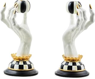 MACKENZIE-CHILDS Haunted House Spooky Hand Candle Holders, Black-and-White Halloween Centerpiece Table and Room Decor, Holds 2 Dinner Candles, Set of 2