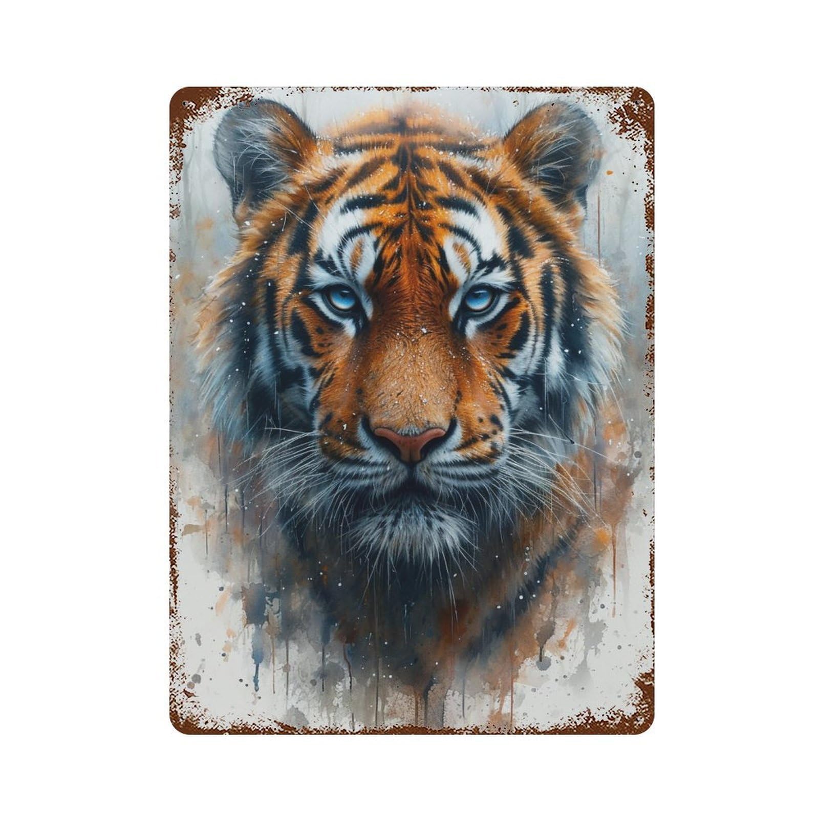 Distressed Metal Wall Sign with Tiger Face Painting Design 15.7"x11.8", for Cafe, Home Bar And Lounge Decor, Retro Wall Decor