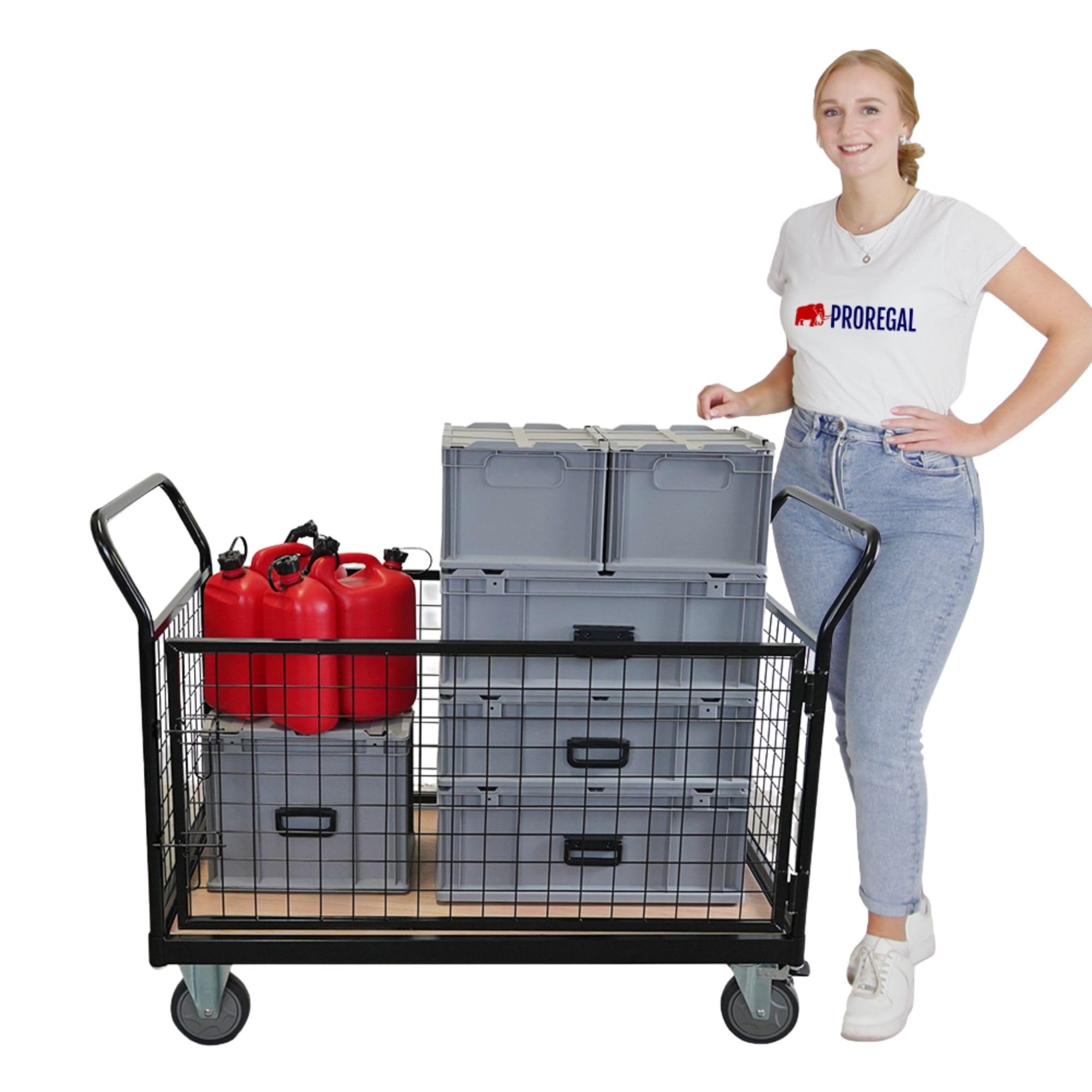 PROREGAL Profi Transportwagen Handwagen Materialwagen Plattformwagen mit abnehmbaren Gitterwänden | HxBxT 104x135x67 | Traglast 400 kg | 2X Lenkrollen mit Feststellbremse & 2X Bockrollen | Schwarz