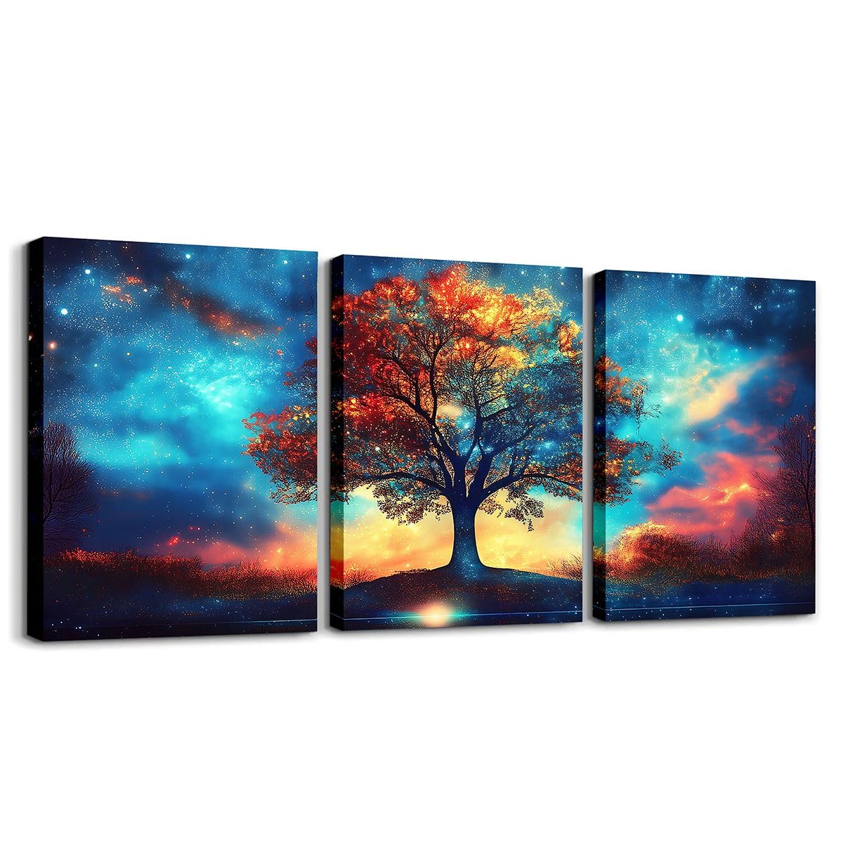 Homewish Abstract Nature Botanical Canvas Wall Art Prints Tree of Life Lake 3Pcs Framed Wall Decor for Living Room Bedroom Galaxy Bohemian Style Art Paintings Luxury Cosmic Art Posters 12x16 Inch