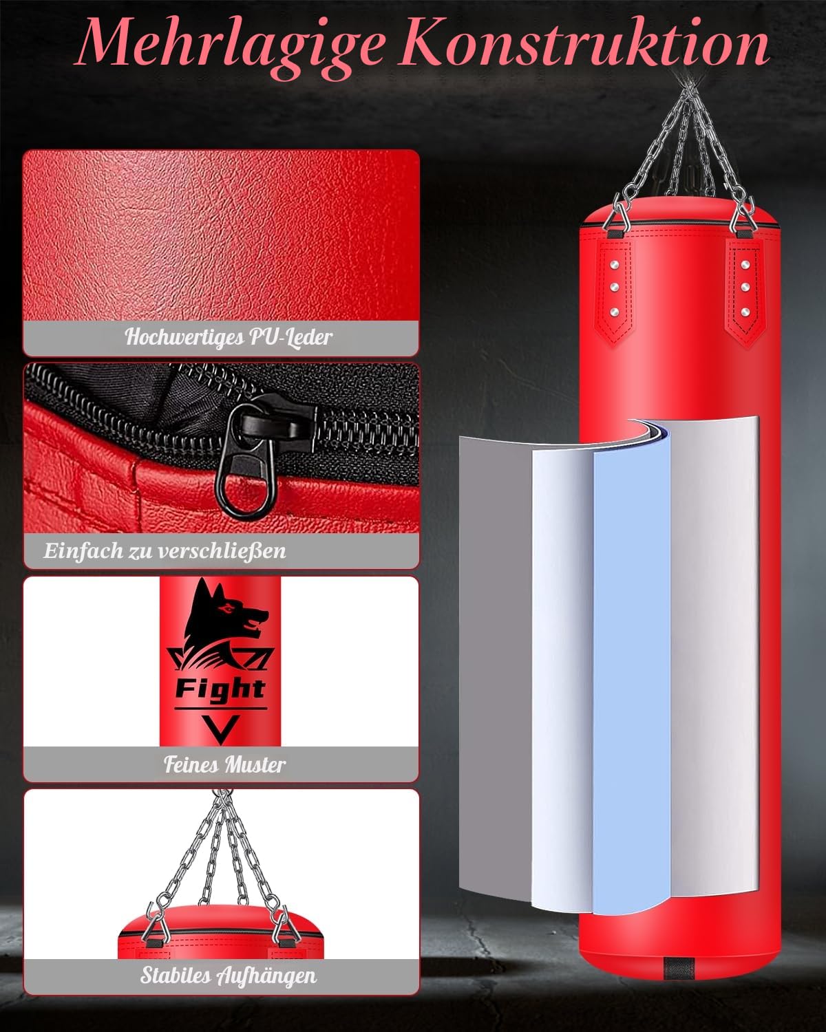 Hängendes Boxsack Set Ungefüllt für Erwachsene- Mikrofaser Leder Boxsack mit Komplett Zubehör, Stabiler Sandsack für Kickboxen, MMA, Grappling, Muay Thai, Fitness– Indoor & Outdoor