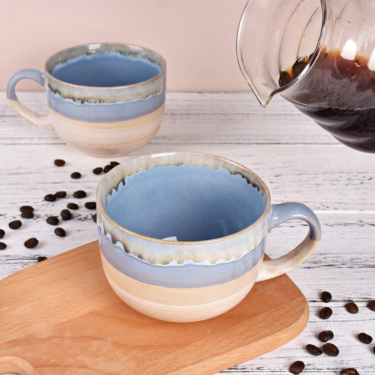 Bosmarlin Large Ceramic Coffee Mug Set of 2, Stoneware Jumbo Latte Mugs for Office and Home, 16 Oz, Dishwasher and Microwave Safe(Blue, 2) - Image 5