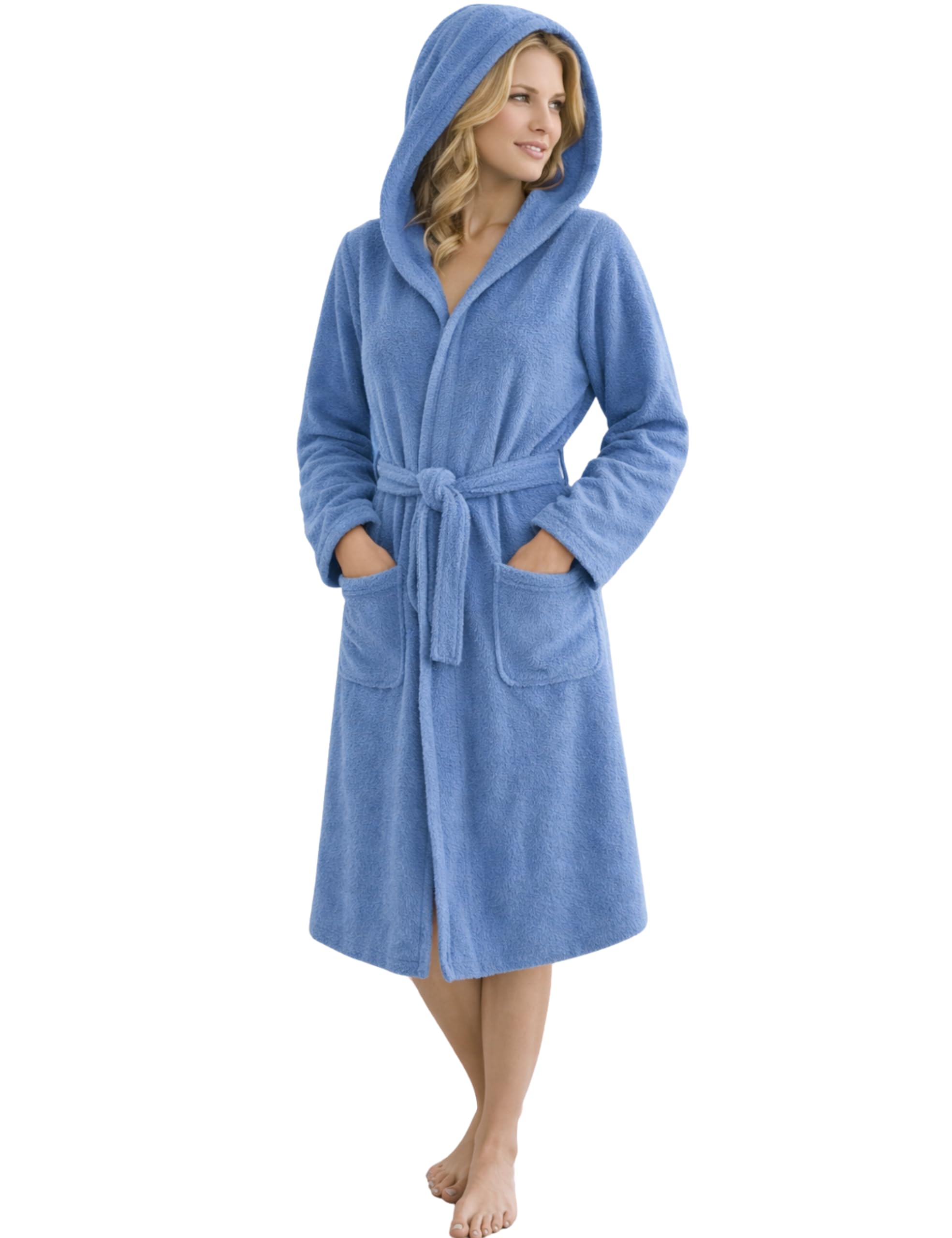 Morgenstern Women’s Cotton Dressing Gown with Hood – Denim Blue, Size XL – Soft & Absorbent Terry Robe with Pockets, Belt & Oeko-Tex Certified