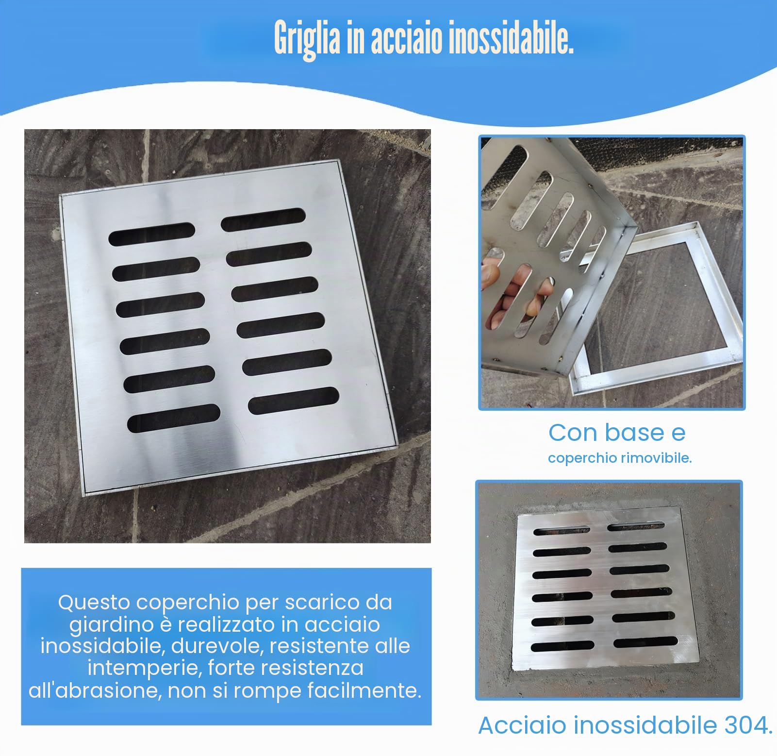 Coperture per tombini da Esterno, per Cortile, 10x10 20x20 30x30 40x40 50x50 60x60 cm, griglia di drenaggio in Acciaio Inox con Base, Filtro di drenaggio Esterno (30 cm x 30 cm (11 3/4" x 1