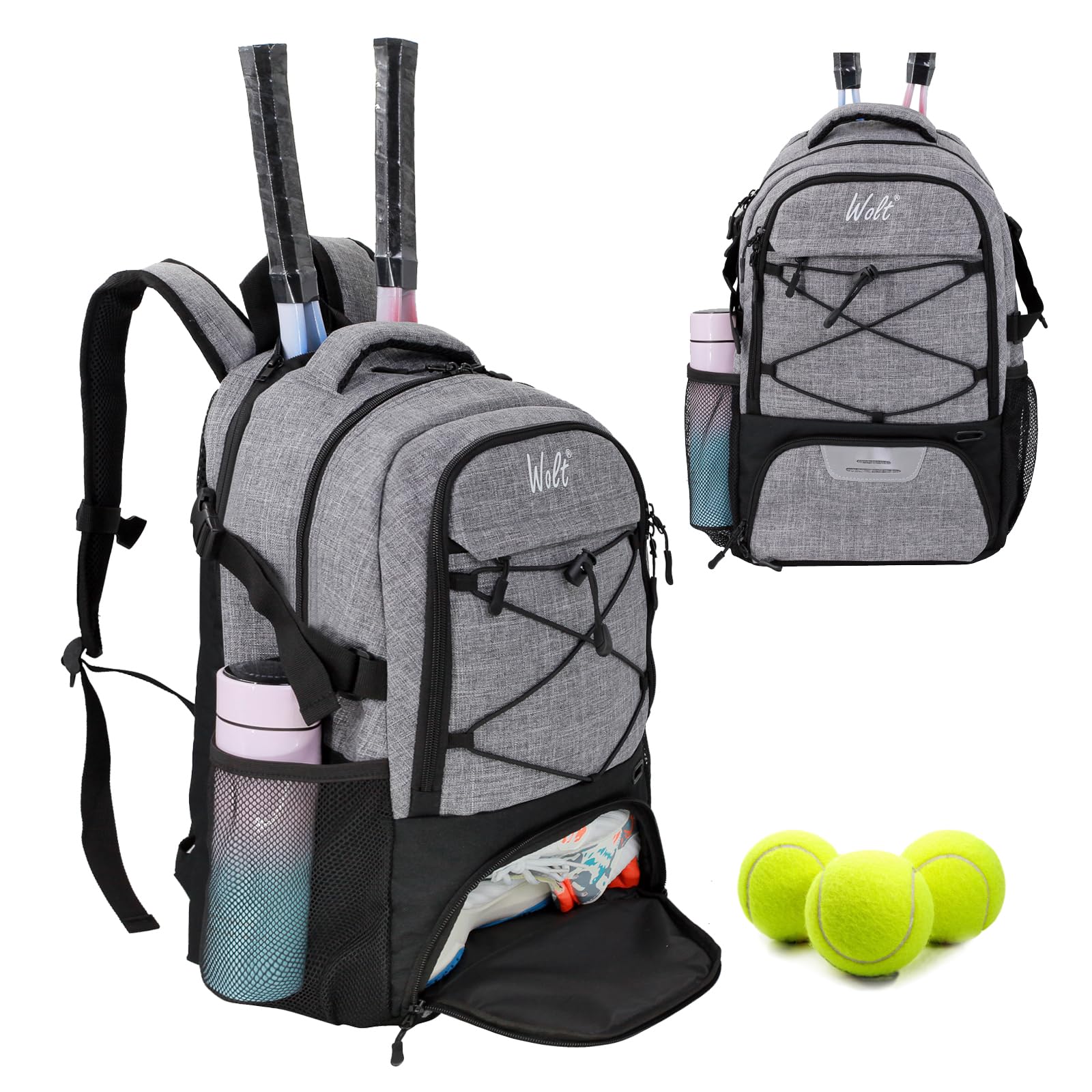 wolt | tennis backpack tennis bag for men women, large tennis racket bag with ventilated shoe compartment holds 2 rackets,badminton squash racquets, pickleball paddles and balls accessories