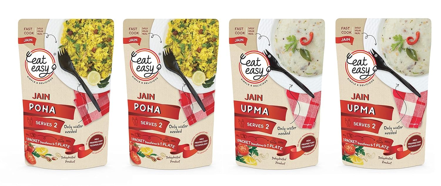Eat Easy Jain Breakfast Combo - Ready to Eat Instant Breakfast | (4 travel packs-2 poha 2 upma) | No Onion No Garlic | Just Heat And Eat | Instant Jain Food for Travel, Hostel, Trekking, Camping, Hiking