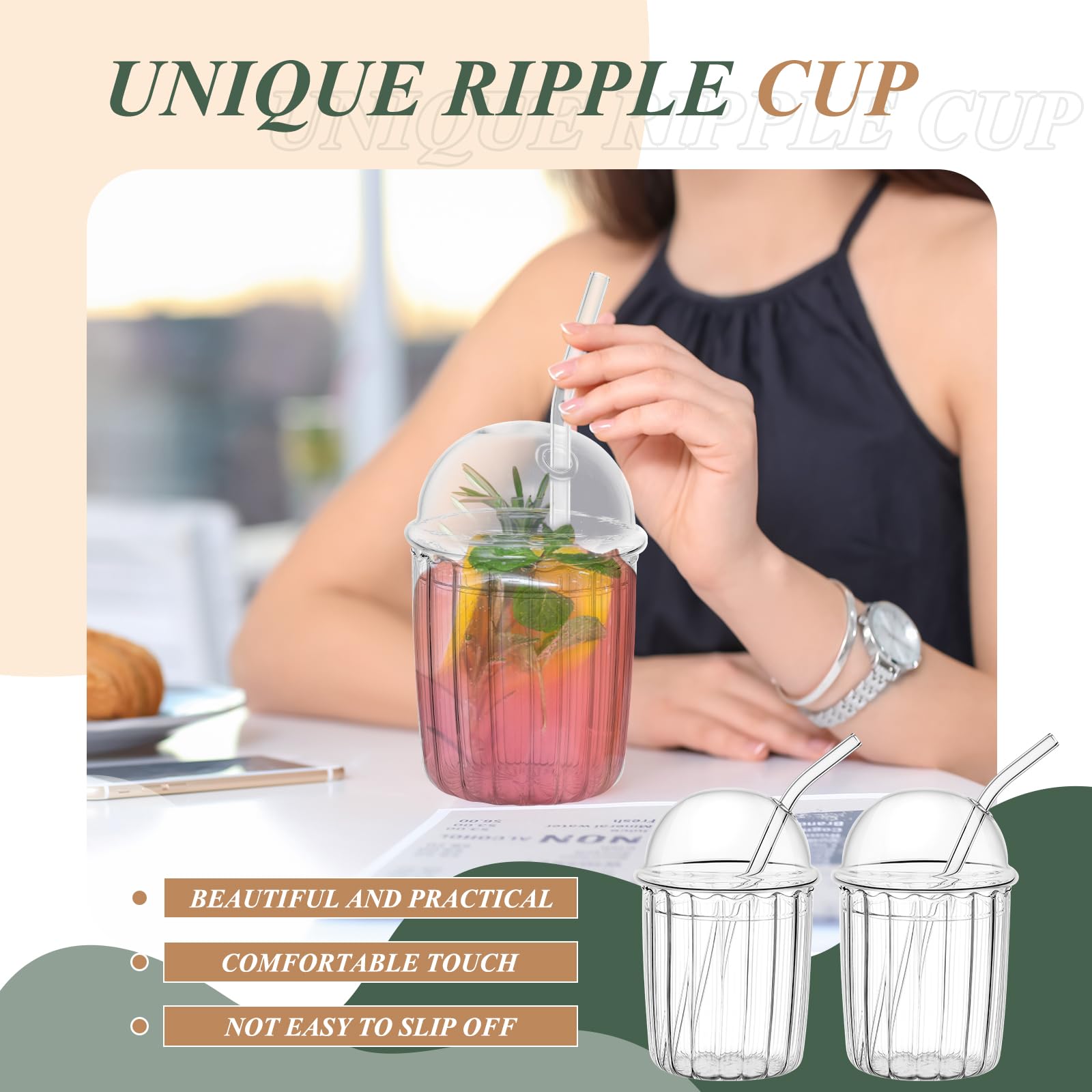Layhit Lot de 2 gobelets à smoothie avec couvercles et pailles réutilisables – 445 ml – Tasse à café glacé – Tasse à thé à bulles avec couvercle en verre à paille – Gobelet avec couvercle dôme et