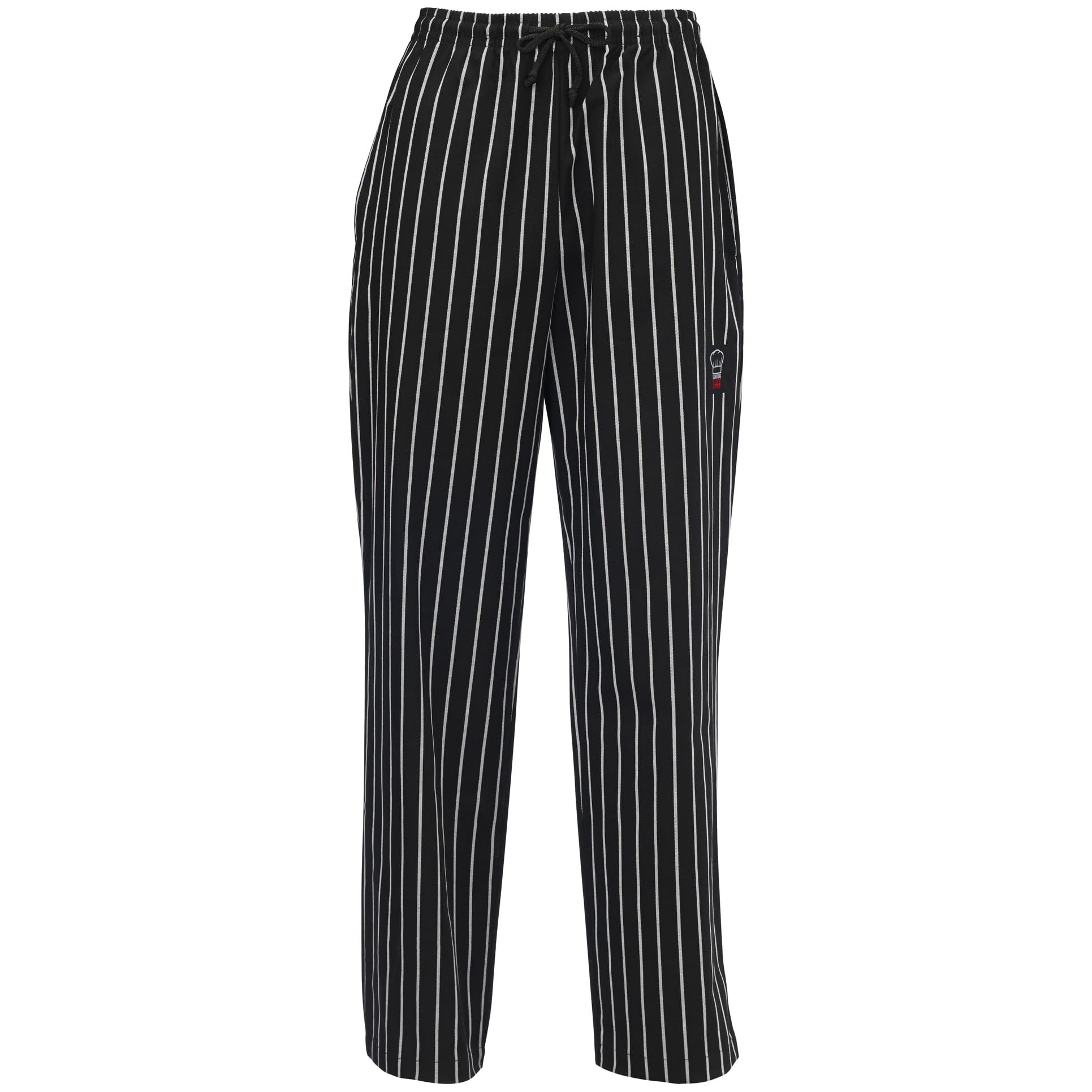 Pantalon de chef rayé à la craie Winco UNF-3CS en polyester confortable pour cuisine