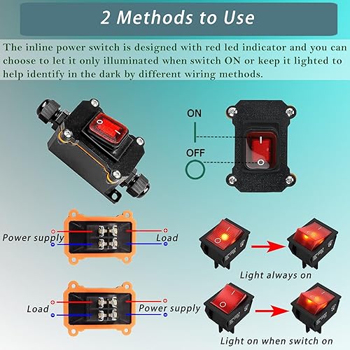 Miniatura 5 de KarlKers - Interruptor de cable en línea de 12 V IP67 impermeable, interruptor de palanca de encendidoapagado para exteriores CC 12 V-24 V con botón