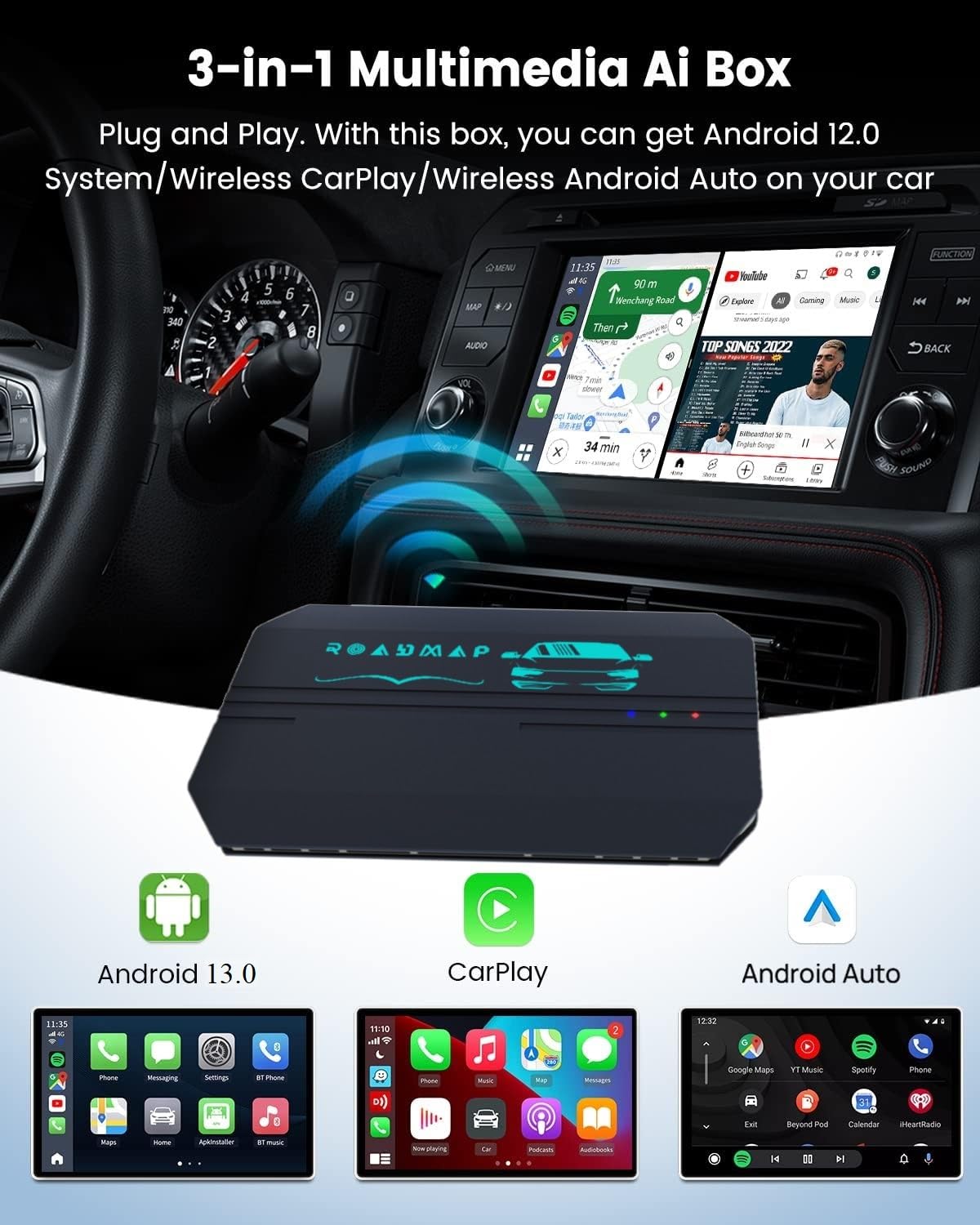RoadMap Carplay AI Box - 4 in 1- Android 13, Wireless carplay