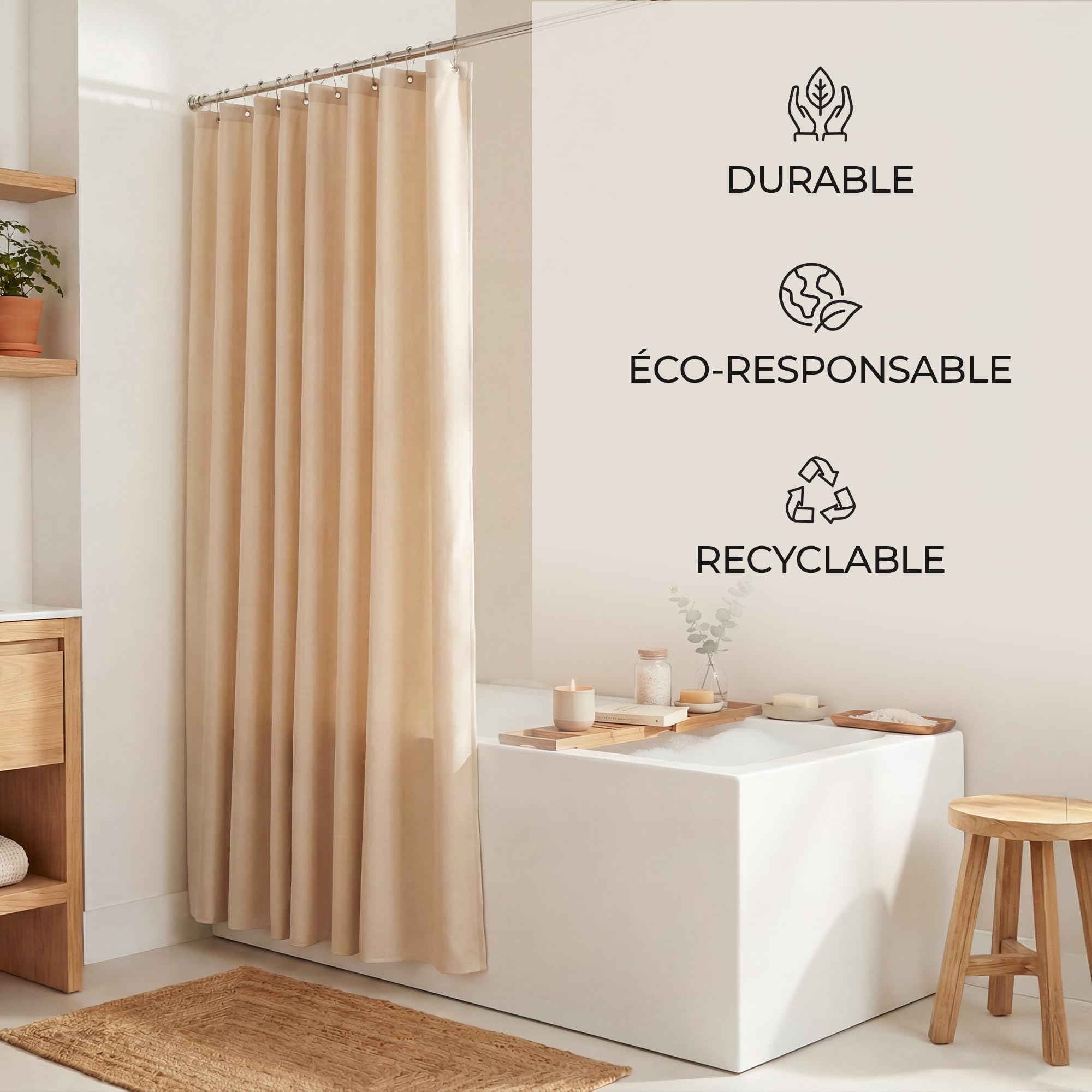Cortina de ducha de textura de lino de alta calidad, 180 x 180 cm, impermeable y antimoho, lavable, dobladillo con pesos, con ojales, color beige