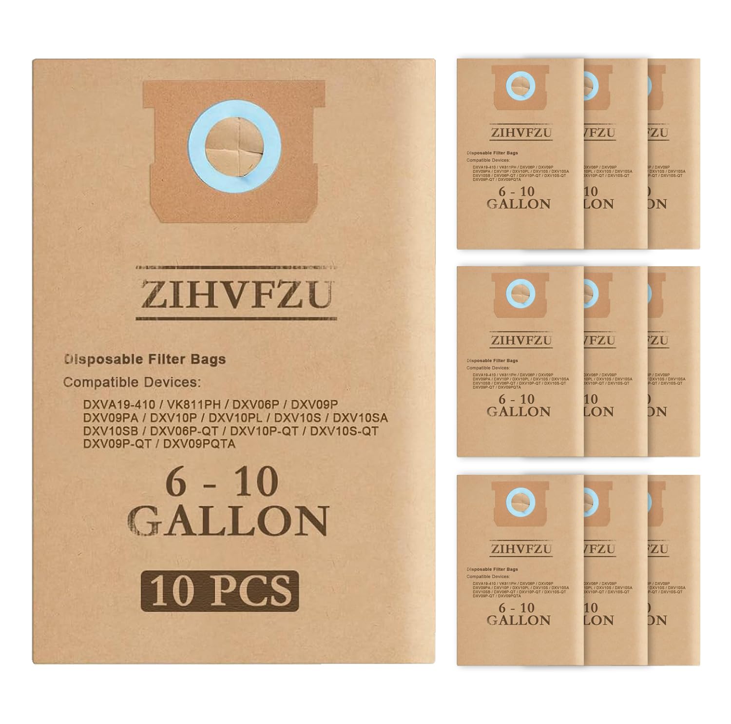 Zihvfzu 10 Pack Shop Vac Bags for DEWALT 6 to 10 Gallon Wet/Dry Shop Vacuums DXVA19-4101,High-Efficiency Dust Collection Bags, Suitable for DXV06P