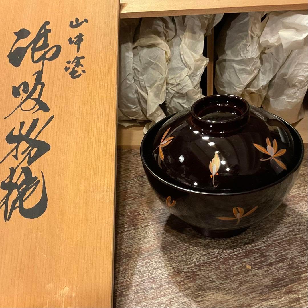 会津塗漆器金彩 蒔絵 梅鈴紋お吸物椀5客雑煮椀汁椀お椀未使用共箱 未 会津塗漆器金彩 蒔絵 梅鈴紋お吸物椀5客雑煮椀汁椀お椀未使用共箱 未