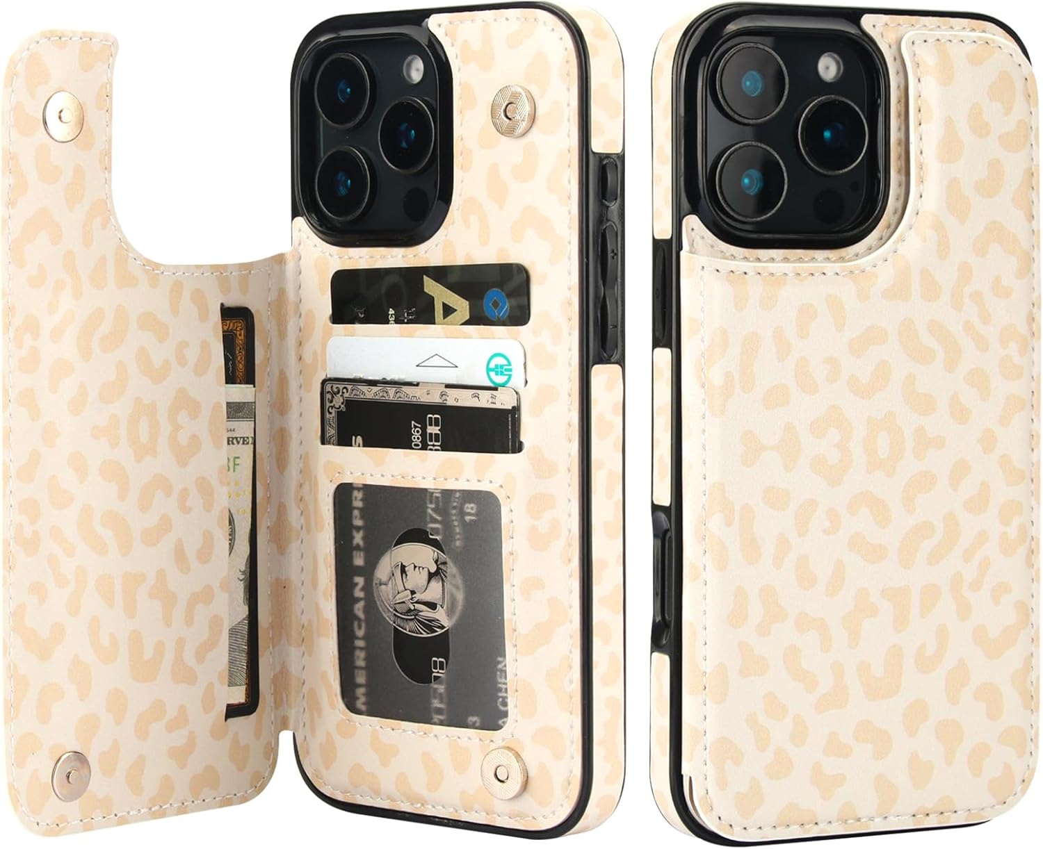 HAOPINSH for iPhone 16 Pro Max Wallet Case with Card Holder, Cream-Coloured Leopard Pattern Back Flip Folio PU Leather Kickstand Card Slots Case for Women Girls, Double Magnetic Clasp Shockproof 6.9"