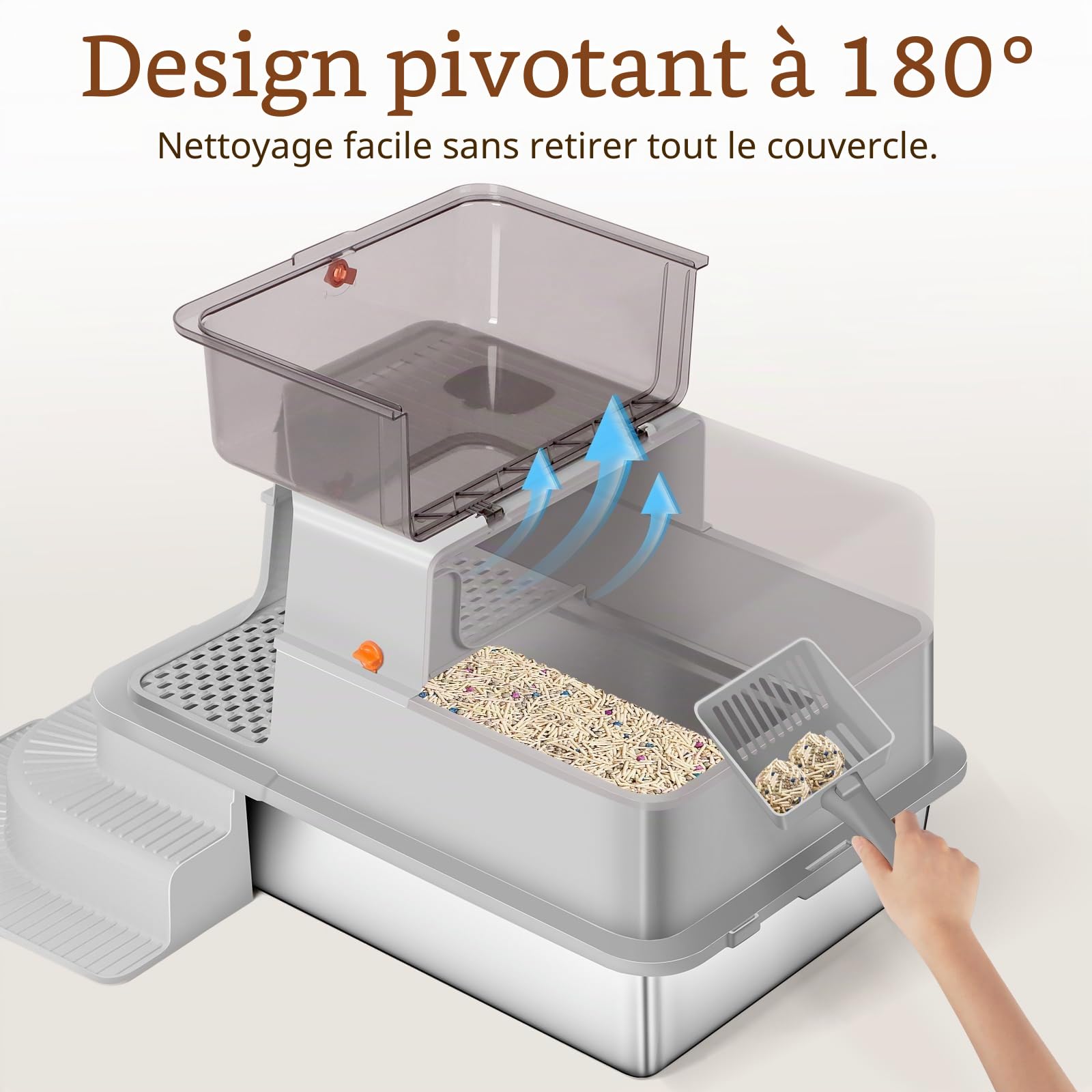 Litière pour Chat en Acier Inoxydable, bac à litière Haut en métal avec allée filtrée, Marche, Pelle, Non Collante, sans Odeur, Facile à Nettoyer (Gris Clair)