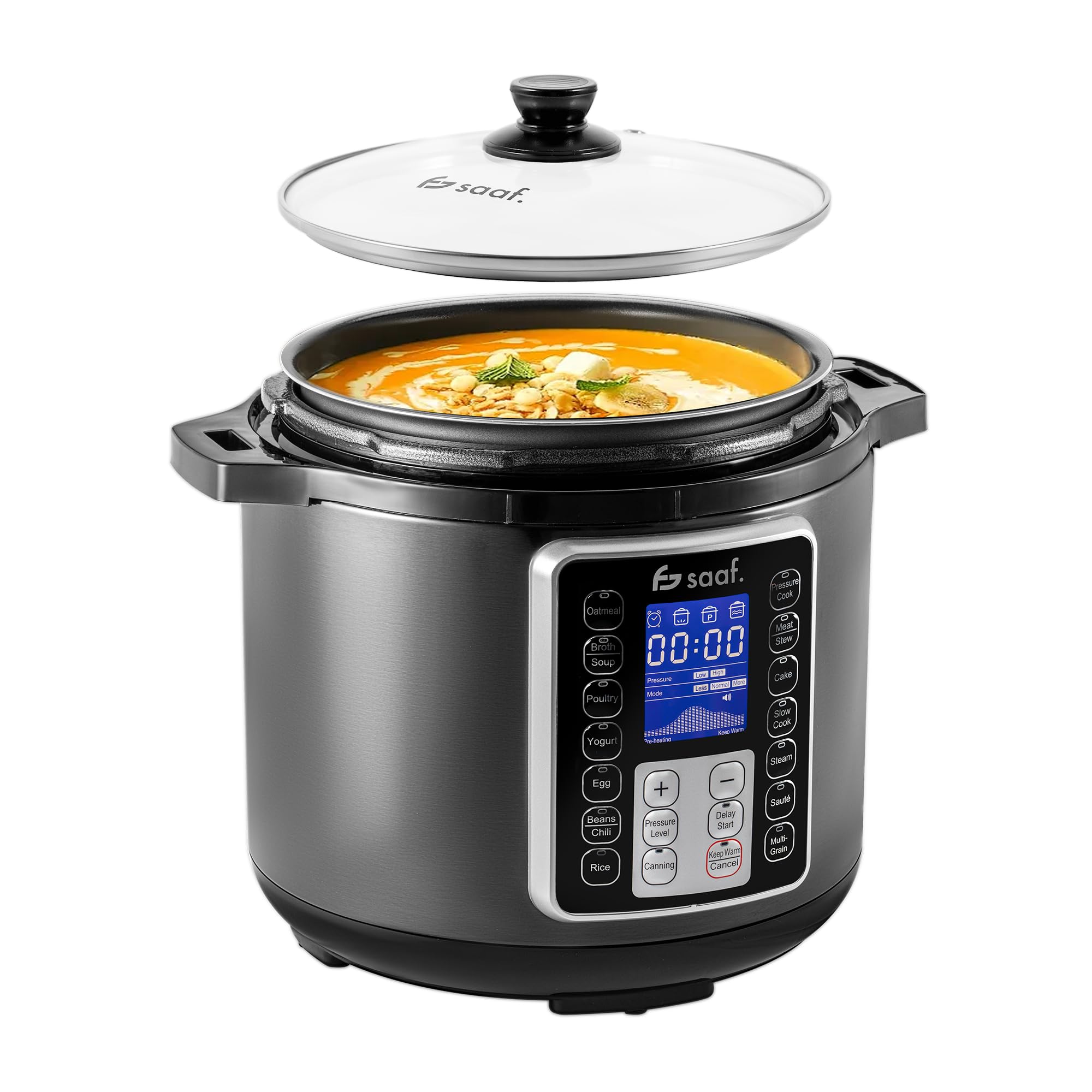 Saaf Multicooker – Set 11 Pezzi – 12 Programmi – Slowcooker, Cuociriso, Vaporizzatore & Pentola a Pressione – 6L – Include Coperchio, Pentola, Cucchiaio, Misurino & Ricettario – Display Digitale