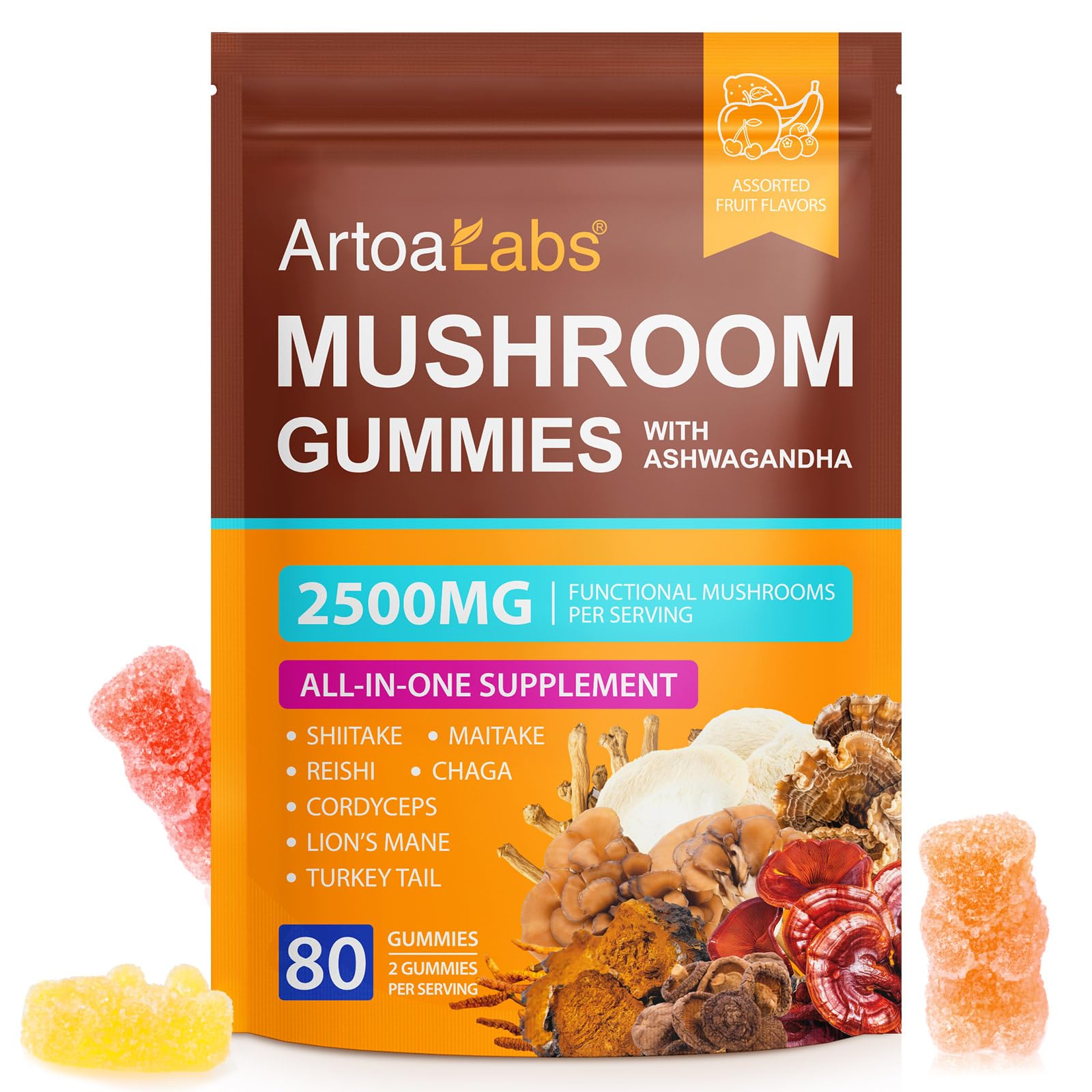 Mushroom Gummies with Ashwagandha 2500mg Lions Mane Mushroom Supplement Blend Organic Reishi Cordyceps Turkey Tail More Boosts Energy