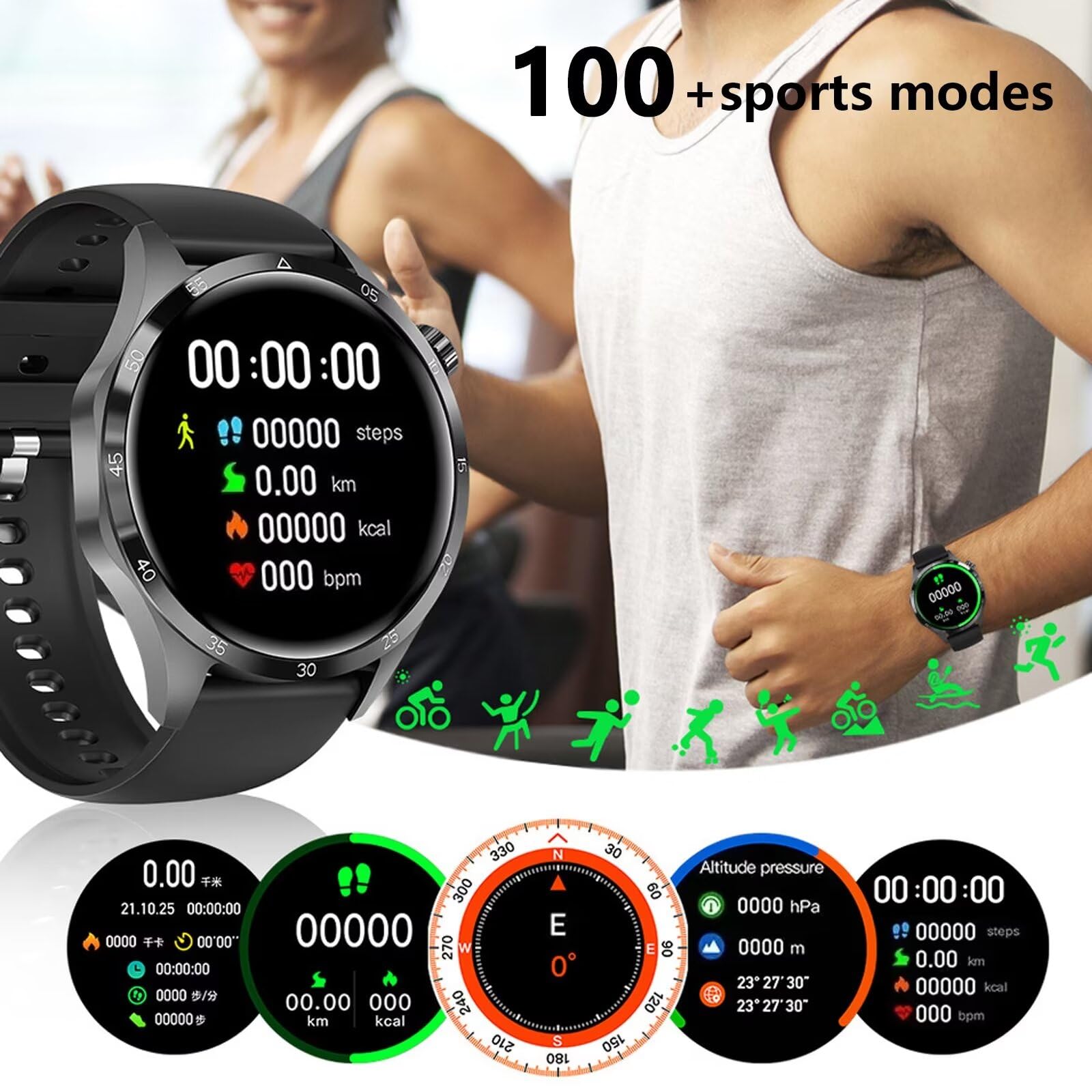 Smartwatch Bluetooth, modny 1,6'' ekran dotykowy inteligentny zegarek wodoodporny zegarek fitness sportowy zegarek cyfrowy zegarek GPS smartwatch, dla systemu Android iOS, czarny