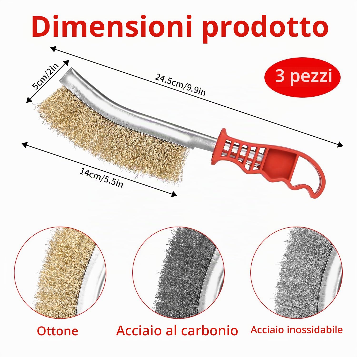 3 Pezzi Spazzola Acciaio Set in Acciaio Inox E Ottone E Nylon E Acciaio al Carbonio, Spazzola Metallica con Manico in Plastica, Spazzola di Ferro per Pulizia Vernice, Polvere, Legno, Togli Ruggine