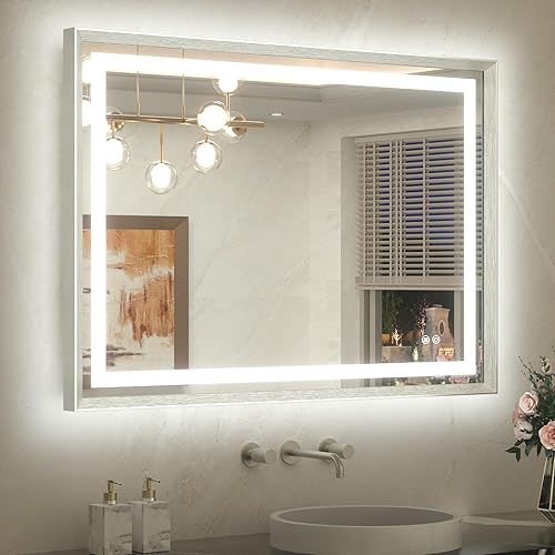 Miniatura 49 de TETOTE Espejo LED de baño de 24 x 32 pulgadas, marco de metal dorado cepillado frontal y retroiluminado, espejo de tocador antiniebla, regulable Oro