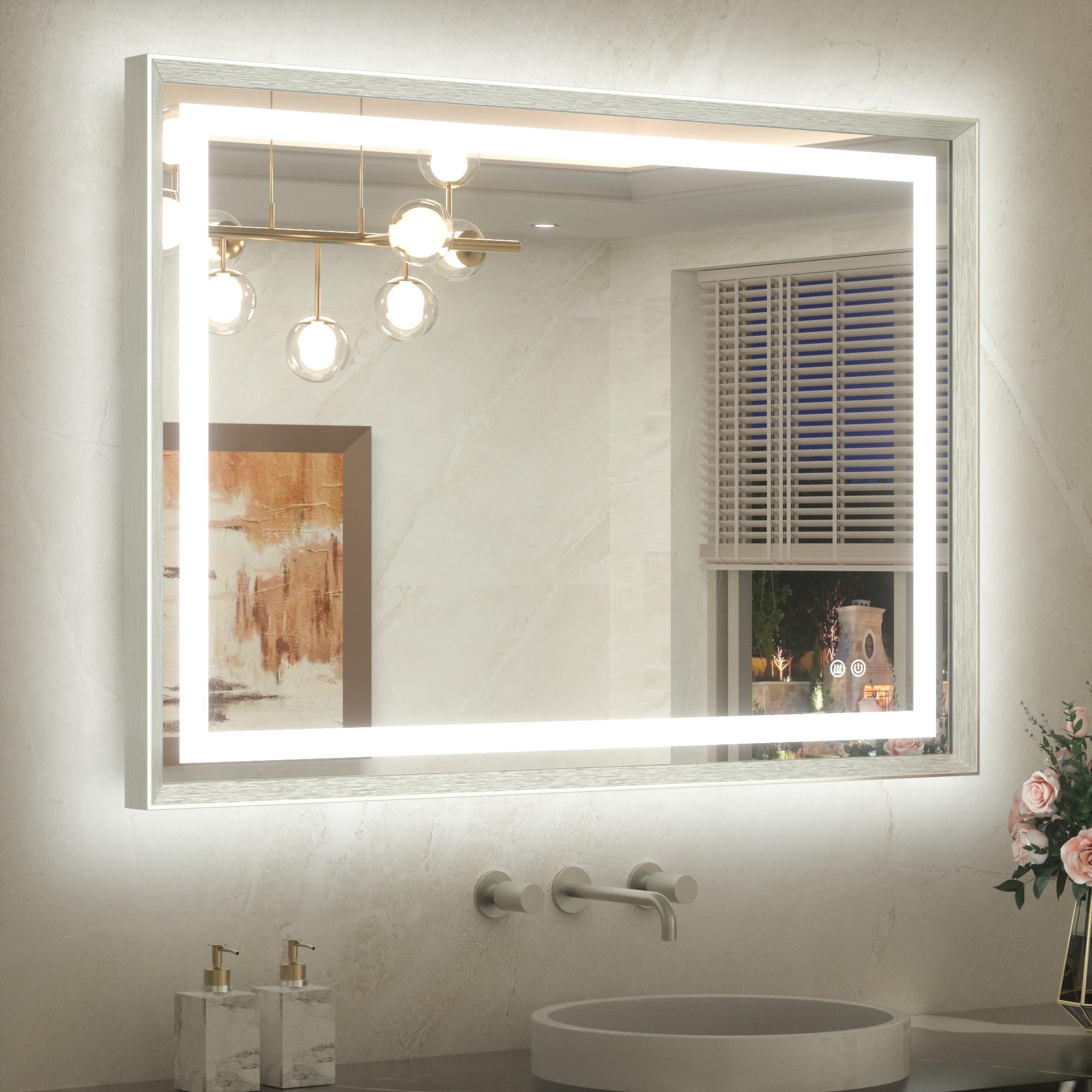 TETOTE 40 x 30 Bathroom Mirror Brushed Nickel Metal Frame Frontlit &amp; Backlit Vanity Mirror 3 Colors White/Warm/Natural Stepless Dimmable Anti-Fog Bathroom Mirrors for Vanity Wall-Mounted