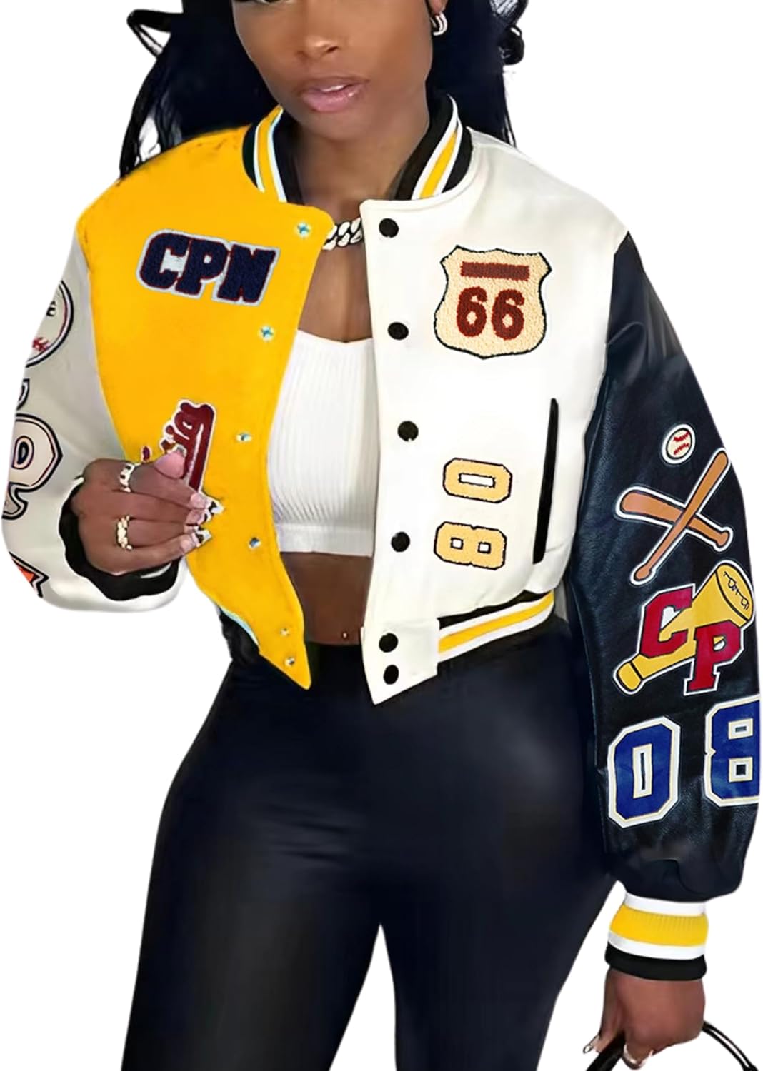 Glitrandi Varsity Jacket Women with Patches Print Cropped Bomber Leather Jacket Women 2025 S-XXL